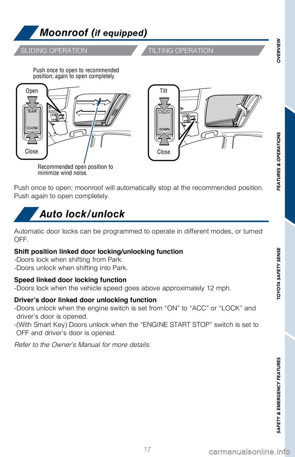 TOYOTA PRIUS C 2018   (in English) User Guide 17
OVERVIEW
FEATURES & OPERATIONS
TOYOTA SAFETY SENSE
SAFETY & EMERGENCY FEATURES
Moonroof (if equipped)
Auto lock/unlock
Recommended open position to 
minimize wind noise.
Open
Close Push once to ope