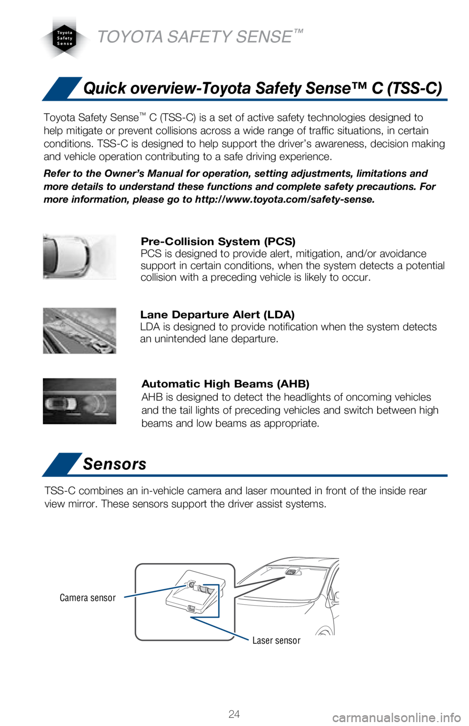 TOYOTA PRIUS C 2018 (in English) Owners Manual 24
Pre-Collision System (PCS)PCS is designed to provide alert, mitigation, and/or avoidance
support in certain conditions, when the system detects a potential
collision with a preceding vehicle is l TOYOTA PRIUS C 2018 (in English) Owners Manual 24
Pre-Collision System (PCS)PCS is designed to provide alert, mitigation, and/or avoidance
support in certain conditions, when the system detects a potential
collision with a preceding vehicle is l