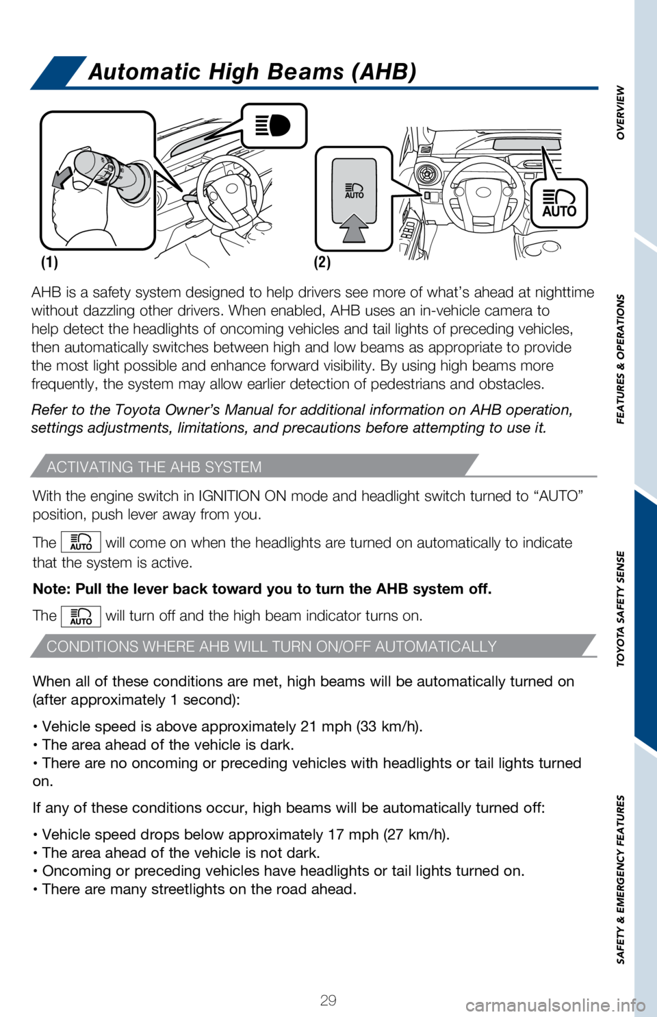 TOYOTA PRIUS C 2018  Owners Manual (in English) 29
OVERVIEW
FEATURES & OPERATIONS
TOYOTA SAFETY SENSE
SAFETY & EMERGENCY FEATURES
Automatic High Beams (AHB)
ACTIVATING THE AHB SYSTEM
CONDITIONS WHERE AHB WILL TURN ON/OFF AUTOMATICALLY
With the engi