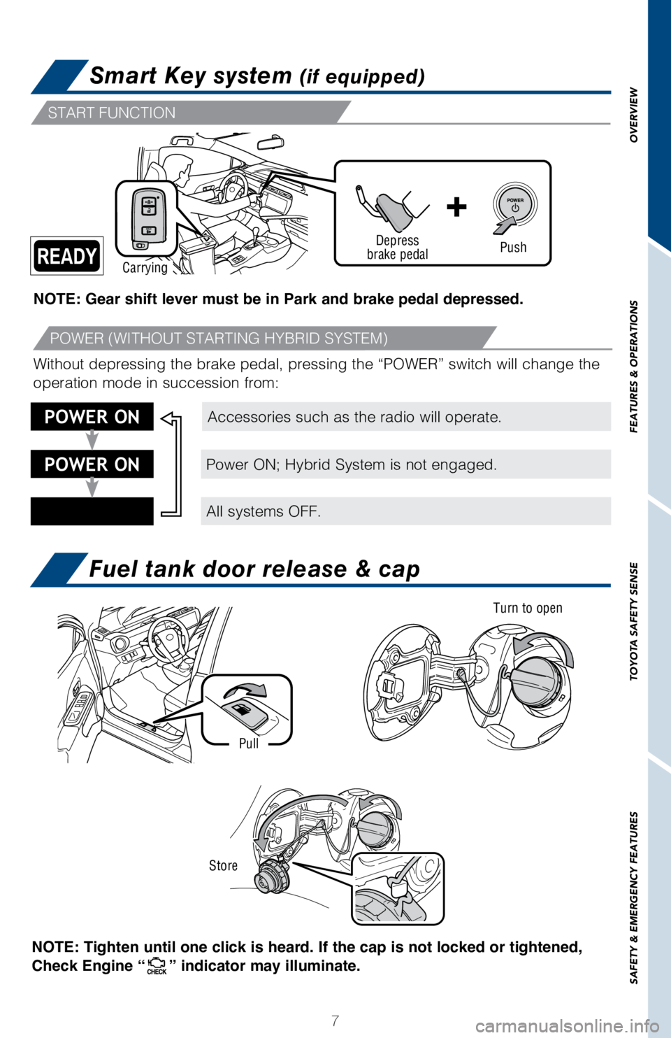 TOYOTA PRIUS C 2018 Owners Manual (in English) 7
OVERVIEW
FEATURES & OPERATIONS
TOYOTA SAFETY SENSE
SAFETY & EMERGENCY FEATURES
Smart Key system (if equipped)
NOTE: Gear shift lever must be in Park and brake pedal depressed.
Fuel tank door release TOYOTA PRIUS C 2018 Owners Manual (in English) 7
OVERVIEW
FEATURES & OPERATIONS
TOYOTA SAFETY SENSE
SAFETY & EMERGENCY FEATURES
Smart Key system (if equipped)
NOTE: Gear shift lever must be in Park and brake pedal depressed.
Fuel tank door release