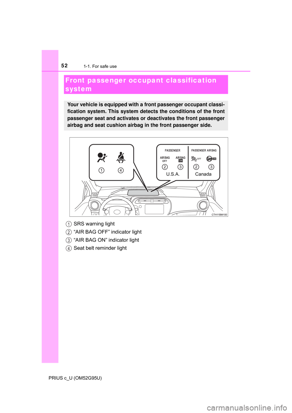 TOYOTA PRIUS C 2018 Owners Manual (in English) 521-1. For safe use
PRIUS c_U (OM52G95U)
SRS warning light
“AIR BAG OFF” indicator light
“AIR BAG ON” indicator light
Seat belt reminder light
Front passenger occupant classification
system
Y TOYOTA PRIUS C 2018 Owners Manual (in English) 521-1. For safe use
PRIUS c_U (OM52G95U)
SRS warning light
“AIR BAG OFF” indicator light
“AIR BAG ON” indicator light
Seat belt reminder light
Front passenger occupant classification
system
Y