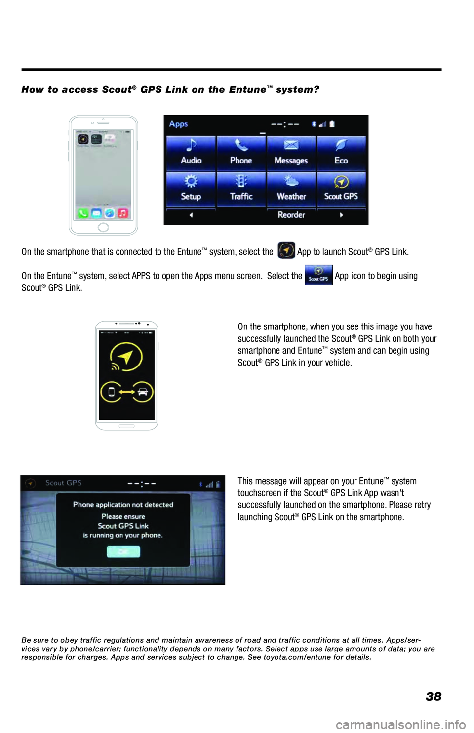TOYOTA PRIUS C 2018  Accessories, Audio & Navigation (in English) 38
On the smartphone, when you see this image you have 
successfully launched the Scout® GPS Link on both your 
smartphone and Entune™ system and can begin using 
Scout® GPS Link in your vehicle.

