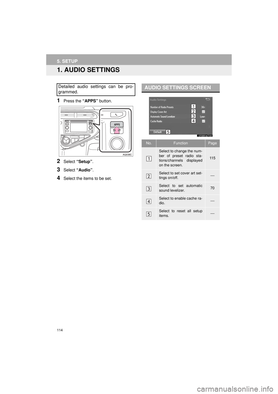 TOYOTA PRIUS C 2018 Accessories, Audio & Navigation (in English) 114
Prius_C_Navi_U
5. SETUP
1. AUDIO SETTINGS
1Press the “APPS” button.
2Select “Setup” .
3Select “Audio” .
4Select the items to be set.
Detailed audio settings can be pro-
grammed.AUDIO S TOYOTA PRIUS C 2018 Accessories, Audio & Navigation (in English) 114
Prius_C_Navi_U
5. SETUP
1. AUDIO SETTINGS
1Press the “APPS” button.
2Select “Setup” .
3Select “Audio” .
4Select the items to be set.
Detailed audio settings can be pro-
grammed.AUDIO S