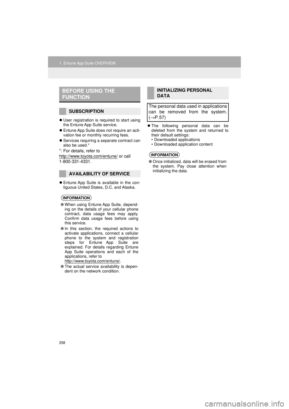 TOYOTA PRIUS C 2018 Accessories, Audio & Navigation (in English) 258
1. Entune App Suite OVERVIEW
Prius_C_Navi_U
User registration is required to start using
the Entune App Suite service.
Entune App Suite does not require an acti-
vation fee or monthly recur TOYOTA PRIUS C 2018 Accessories, Audio & Navigation (in English) 258
1. Entune App Suite OVERVIEW
Prius_C_Navi_U
User registration is required to start using
the Entune App Suite service.
Entune App Suite does not require an acti-
vation fee or monthly recur