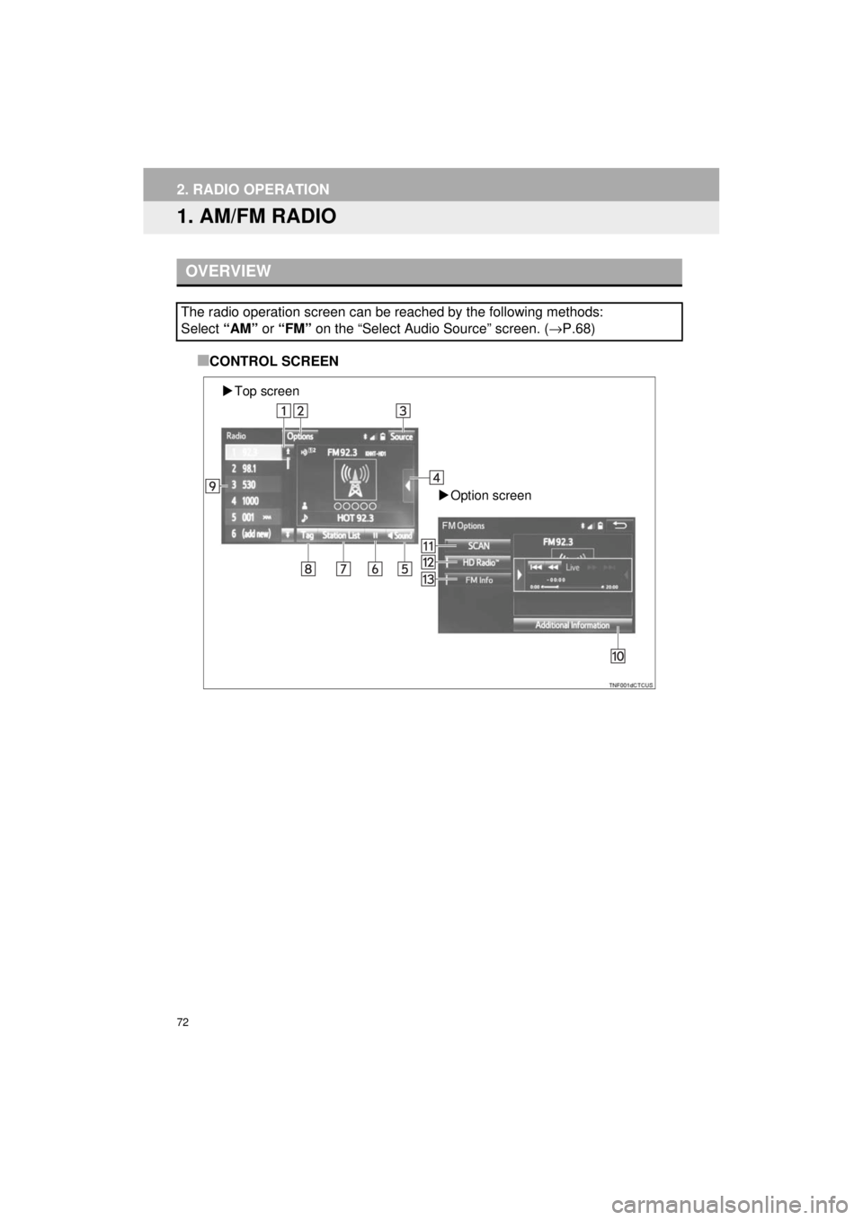 TOYOTA PRIUS C 2018 Accessories, Audio & Navigation (in English) 72
Prius_C_Navi_U
2. RADIO OPERATION
1. AM/FM RADIO
■CONTROL SCREEN
OVERVIEW
The radio operation screen can be reached by the following methods:
Select “AM” or “FM” on the “Select Audio TOYOTA PRIUS C 2018 Accessories, Audio & Navigation (in English) 72
Prius_C_Navi_U
2. RADIO OPERATION
1. AM/FM RADIO
■CONTROL SCREEN
OVERVIEW
The radio operation screen can be reached by the following methods:
Select “AM” or “FM” on the “Select Audio