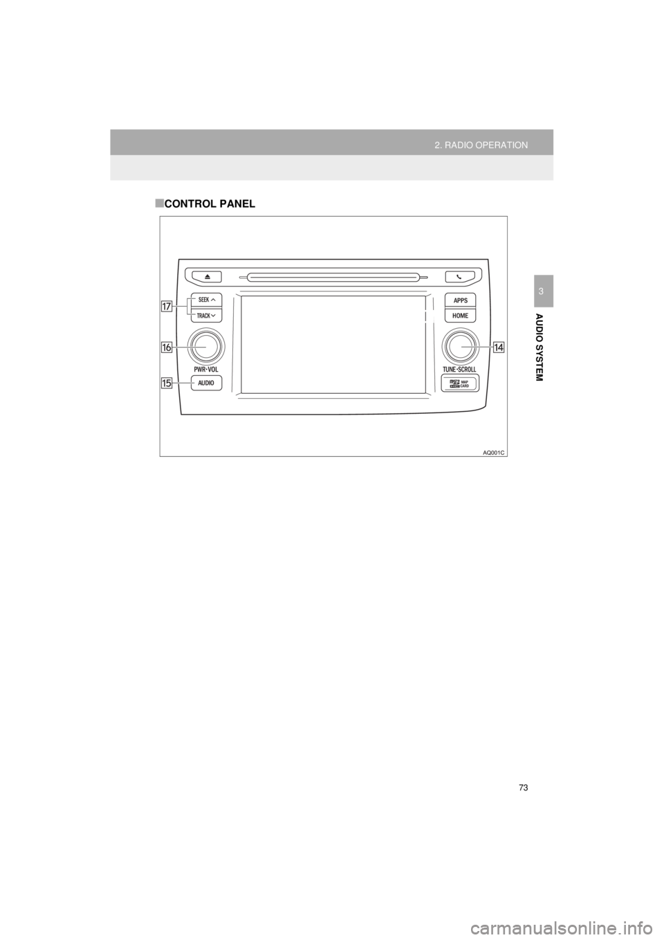 TOYOTA PRIUS C 2018 Accessories, Audio & Navigation (in English) 73
2. RADIO OPERATION
Prius_C_Navi_U
AUDIO SYSTEM
3
■CONTROL PANEL TOYOTA PRIUS C 2018 Accessories, Audio & Navigation (in English) 73
2. RADIO OPERATION
Prius_C_Navi_U
AUDIO SYSTEM
3
■CONTROL PANEL