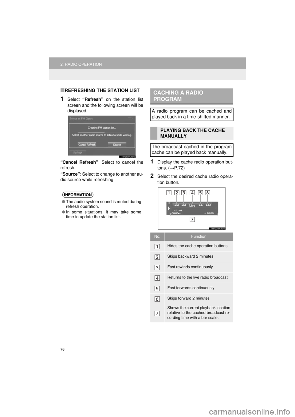 TOYOTA PRIUS C 2018 Accessories, Audio & Navigation (in English) 76
2. RADIO OPERATION
Prius_C_Navi_U
■REFRESHING THE STATION LIST
1Select “Refresh” on the station list
screen and the following screen will be
displayed.
“Cancel Refresh” : Select to cance TOYOTA PRIUS C 2018 Accessories, Audio & Navigation (in English) 76
2. RADIO OPERATION
Prius_C_Navi_U
■REFRESHING THE STATION LIST
1Select “Refresh” on the station list
screen and the following screen will be
displayed.
“Cancel Refresh” : Select to cance