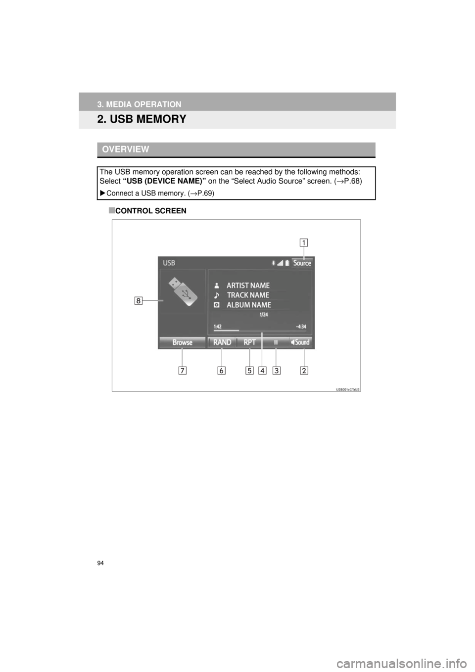 TOYOTA PRIUS C 2018  Accessories, Audio & Navigation (in English) 94
3. MEDIA OPERATION
Prius_C_Navi_U
2. USB MEMORY
■CONTROL SCREEN
OVERVIEW
The USB memory operation screen can be reached by the following methods: 
Select “USB (DEVICE NAME)”  on the “Select