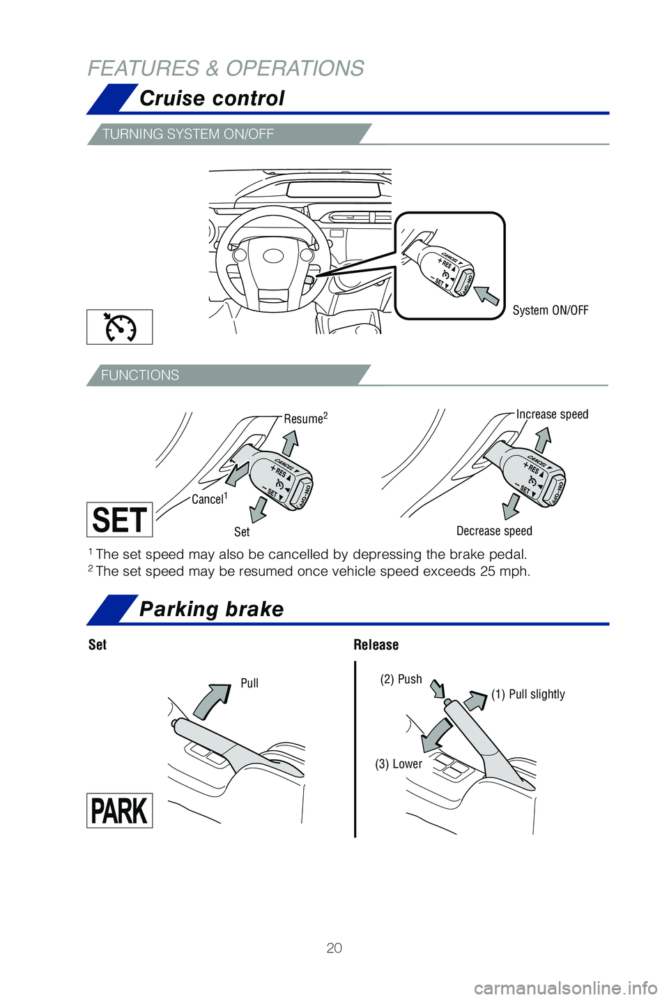 TOYOTA PRIUS C 2019   (in English) Owners Manual 20
Cruise control
Parking brake
FEATURES & OPERATIONS
1  The set speed may also be cancelled by depressing the brake pedal.2 The set speed may be resumed once vehicle speed exceeds 25 mph.
System ON/O