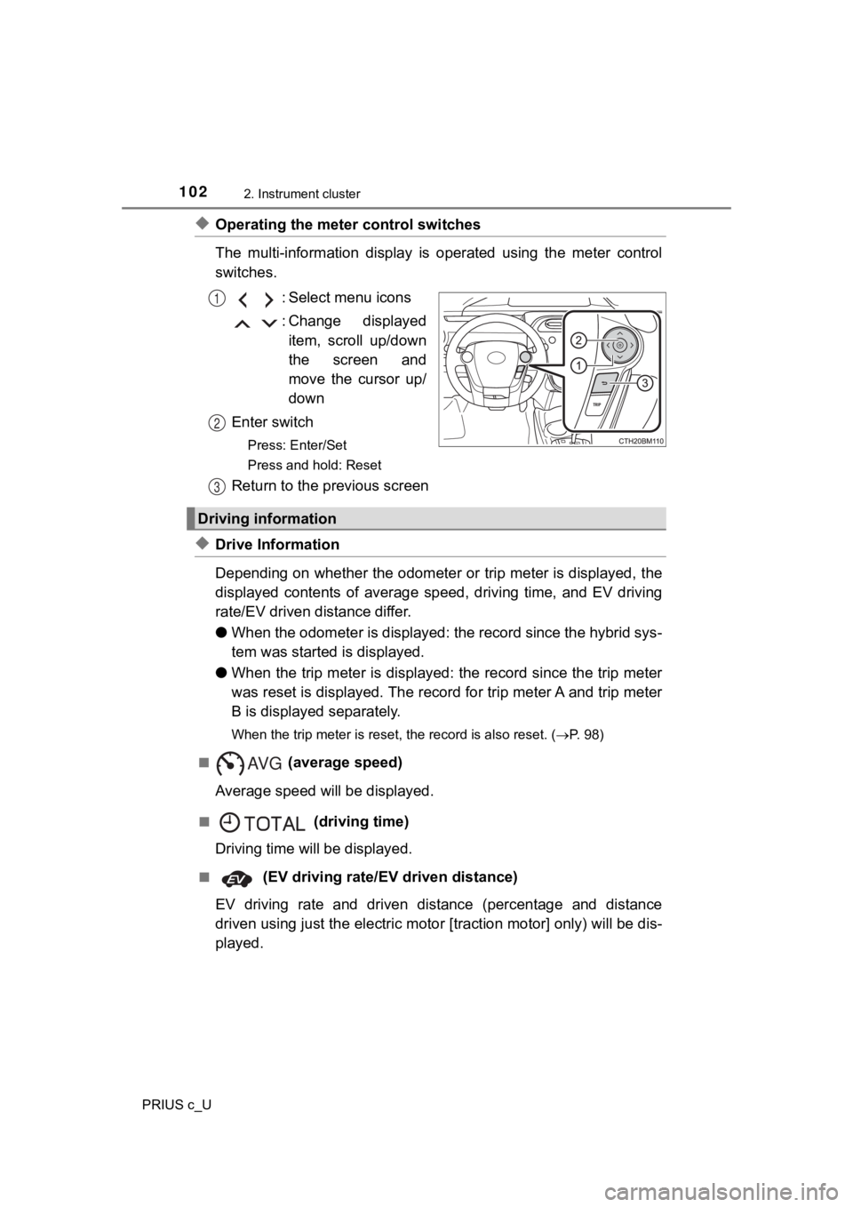 TOYOTA PRIUS C 2019 Owners Manual (in English) 1022. Instrument cluster
PRIUS c_U
◆Operating the meter control switches
The multi-information display is operated using the meter control
switches.
: Select menu icons
: Change displayedit TOYOTA PRIUS C 2019 Owners Manual (in English) 1022. Instrument cluster
PRIUS c_U
◆Operating the meter control switches
The multi-information display is operated using the meter control
switches.
: Select menu icons
: Change displayedit