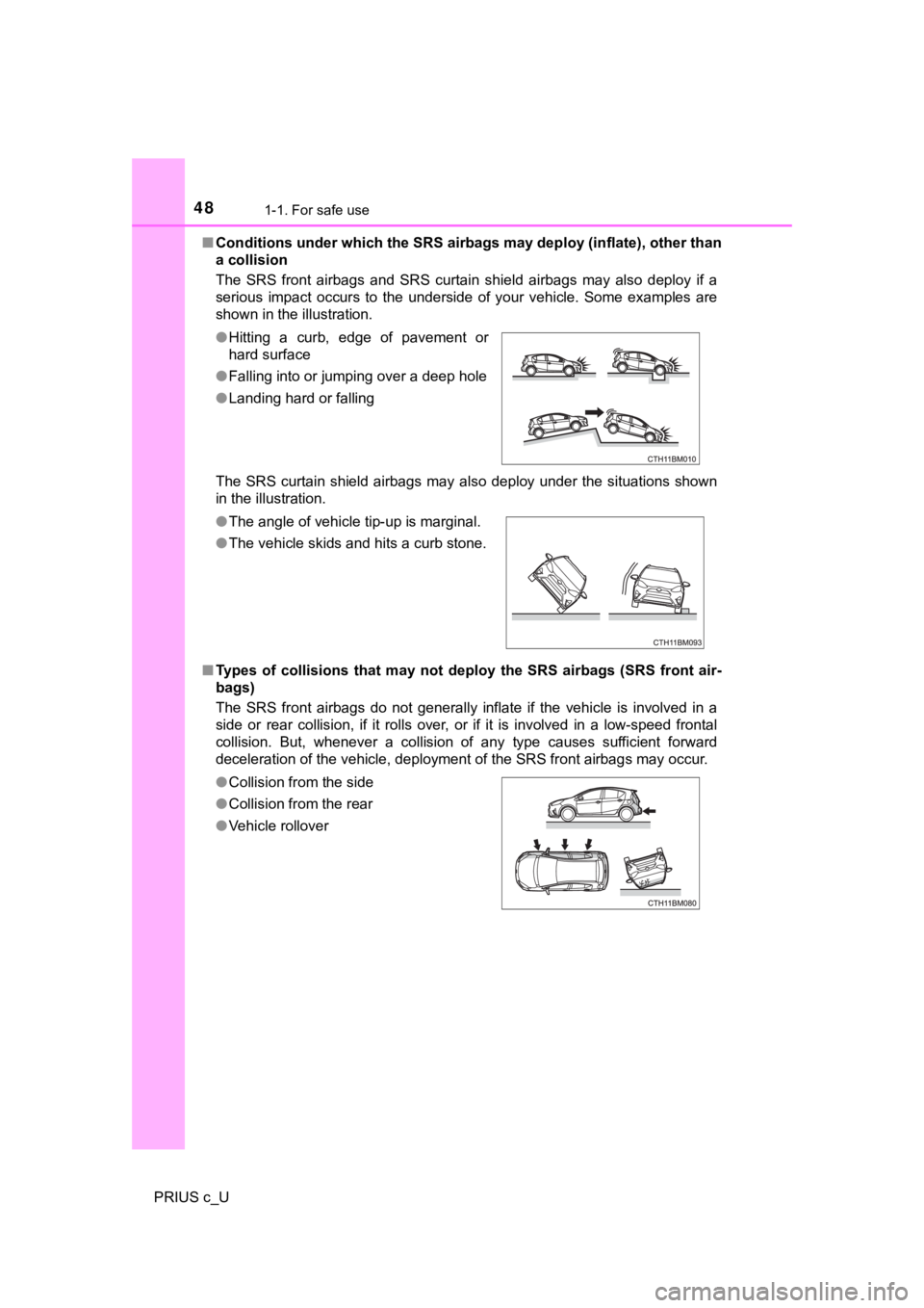 TOYOTA PRIUS C 2019   (in English) Service Manual 481-1. For safe use
PRIUS c_U■
Conditions under which the SRS ai rbags may deploy (inflate), other than
a collision
The  SRS  front  airbags  and  SRS  curtain  shield  airbags  may  also  d eploy  