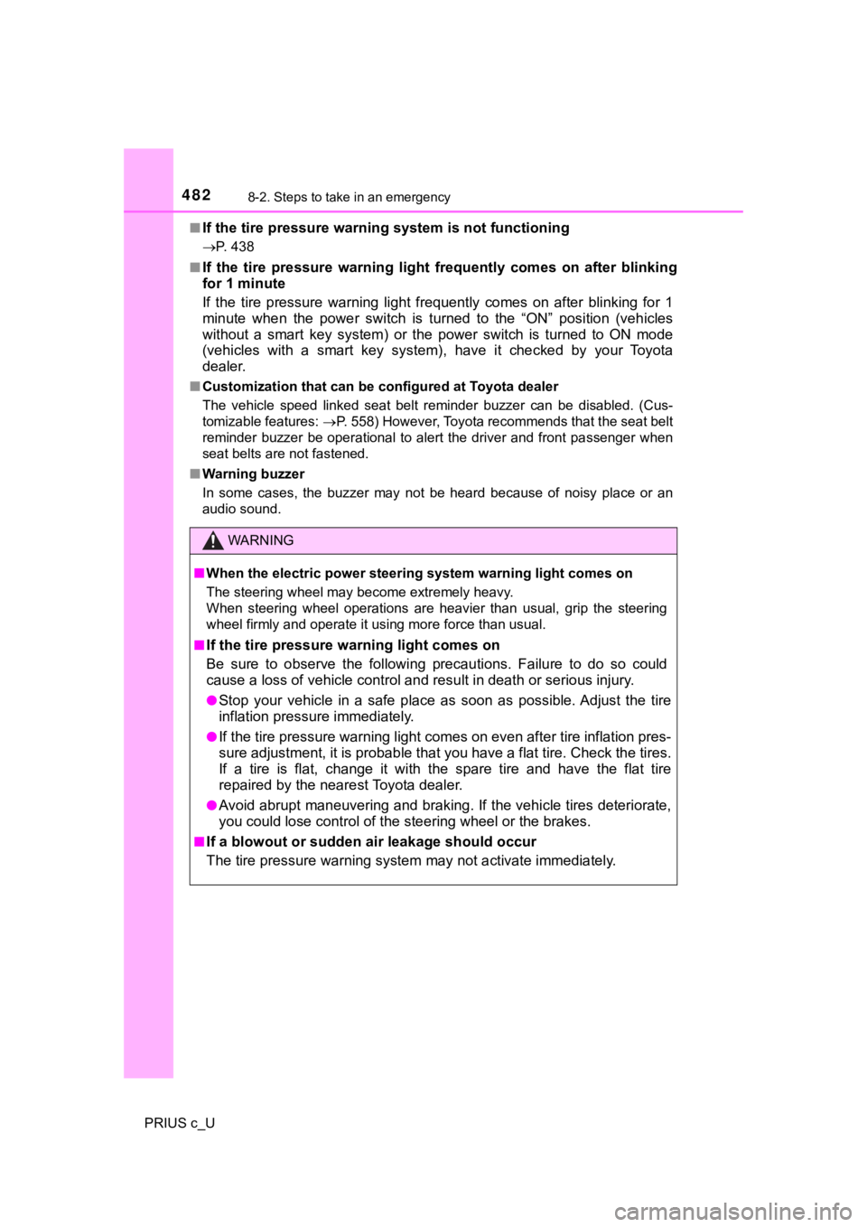 TOYOTA PRIUS C 2019  Owners Manual (in English) 4828-2. Steps to take in an emergency
PRIUS c_U■
If the tire pressure warning system is not functioning
P. 438
■
If  the  tire  pressure  warning  light  frequently  comes  on  after  bl inking