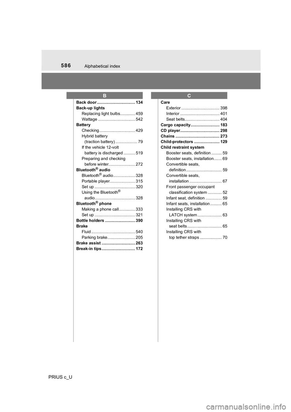 TOYOTA PRIUS C 2019 Owners Manual (in English) 586Alphabetical index
PRIUS c_U
Back door ................................. 134
Back-up lightsReplacing light bulbs............. 459
Wattage ................................ 542
Battery
Checking ..... TOYOTA PRIUS C 2019 Owners Manual (in English) 586Alphabetical index
PRIUS c_U
Back door ................................. 134
Back-up lightsReplacing light bulbs............. 459
Wattage ................................ 542
Battery
Checking .....