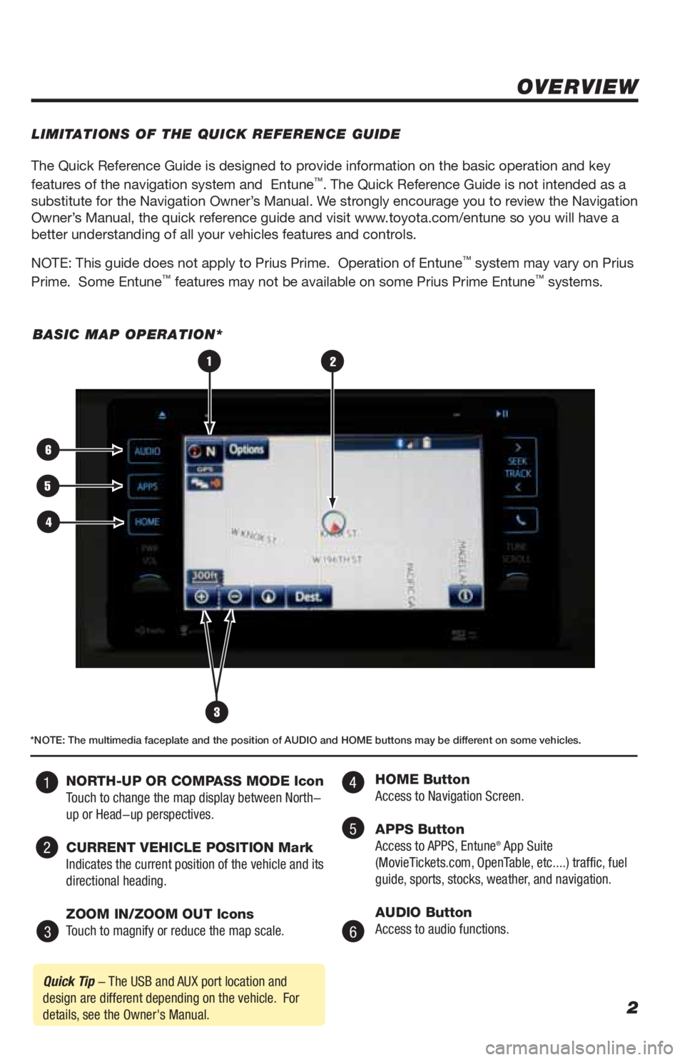 TOYOTA PRIUS C 2019  Accessories, Audio & Navigation (in English) 2
The Quick Reference Guide is designed to provide information on the basic operation and key 
features of the navigation system and  Entune™. The Quick Reference Guide is not intended as a 
substit