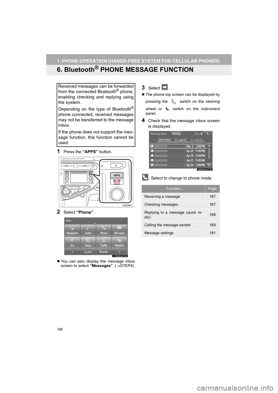 TOYOTA PRIUS C 2019 Accessories, Audio & Navigation (in English) 166
1. PHONE OPERATION (HANDS-FREE SYSTEM FOR CELLULAR PHONES)
Prius_C_Navi_U
6. Bluetooth® PHONE MESSAGE FUNCTION
1Press the “APPS” button.
2Select “Phone” .
You can also display the TOYOTA PRIUS C 2019 Accessories, Audio & Navigation (in English) 166
1. PHONE OPERATION (HANDS-FREE SYSTEM FOR CELLULAR PHONES)
Prius_C_Navi_U
6. Bluetooth® PHONE MESSAGE FUNCTION
1Press the “APPS” button.
2Select “Phone” .
You can also display the