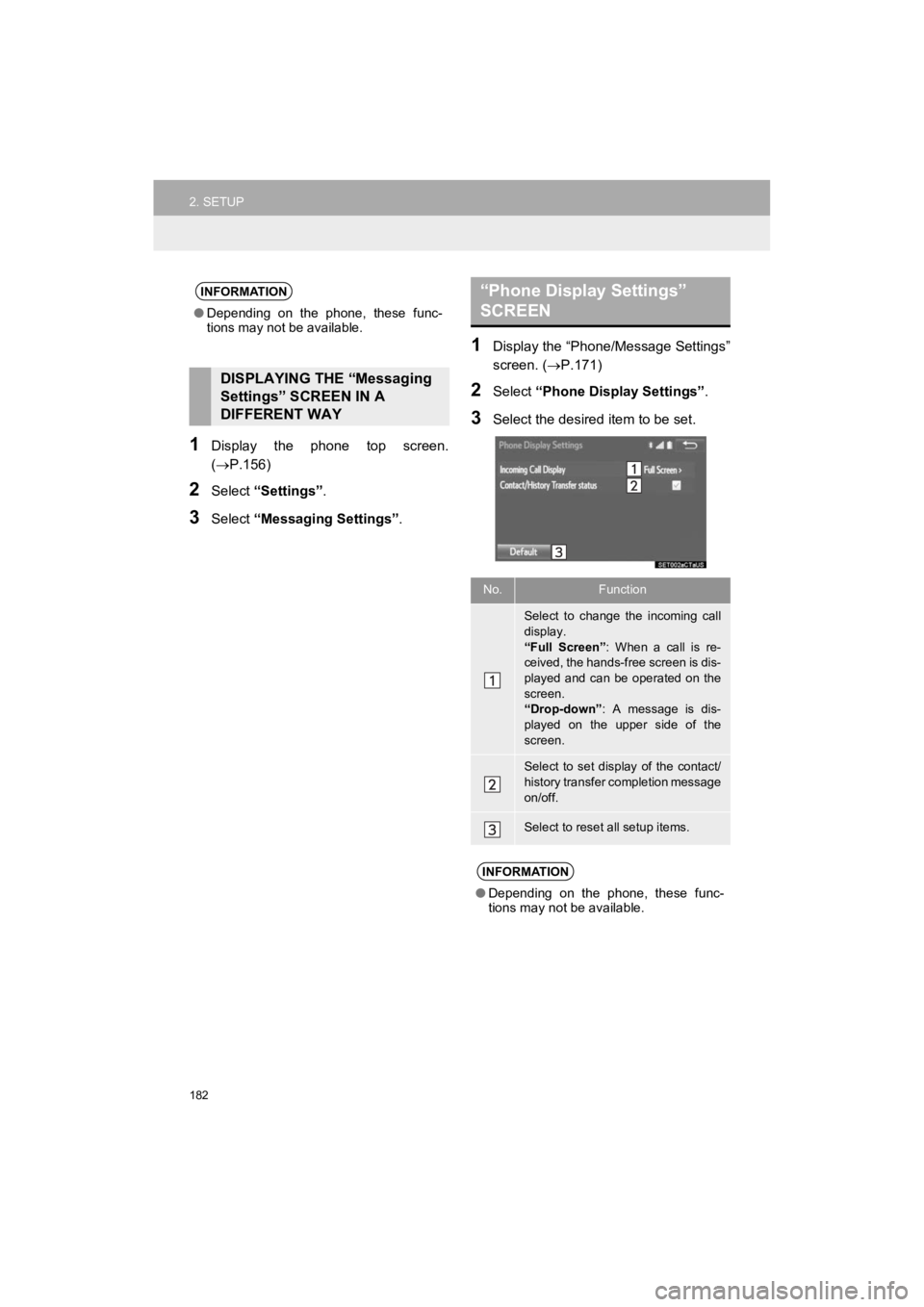 TOYOTA PRIUS C 2019 Accessories, Audio & Navigation (in English) 182
2. SETUP
Prius_C_Navi_U
1Display the phone top screen.
(P.156)
2Select “Settings” .
3Select “Messaging Settings” .
1Display the “Phone/Message Settings”
screen. (P.171)
2Sele TOYOTA PRIUS C 2019 Accessories, Audio & Navigation (in English) 182
2. SETUP
Prius_C_Navi_U
1Display the phone top screen.
(P.156)
2Select “Settings” .
3Select “Messaging Settings” .
1Display the “Phone/Message Settings”
screen. (P.171)
2Sele