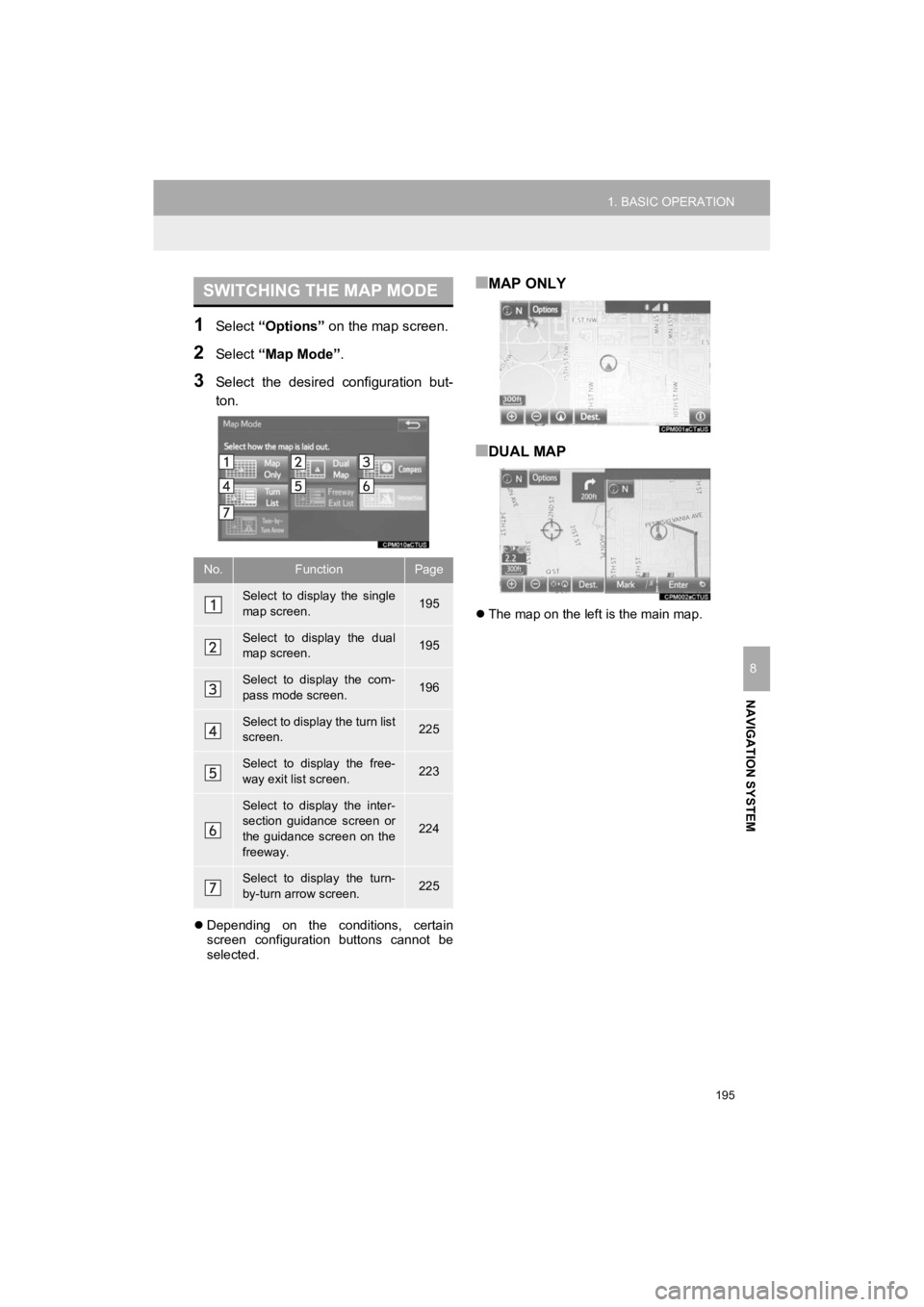 TOYOTA PRIUS C 2019 Accessories, Audio & Navigation (in English) 195
1. BASIC OPERATION
NAVIGATION SYSTEM
Prius_C_Navi_U
8
1Select “Options” on the map screen.
2Select “Map Mode” .
3Select the desired configuration but-
ton.
Depending on the cond TOYOTA PRIUS C 2019 Accessories, Audio & Navigation (in English) 195
1. BASIC OPERATION
NAVIGATION SYSTEM
Prius_C_Navi_U
8
1Select “Options” on the map screen.
2Select “Map Mode” .
3Select the desired configuration but-
ton.
Depending on the cond