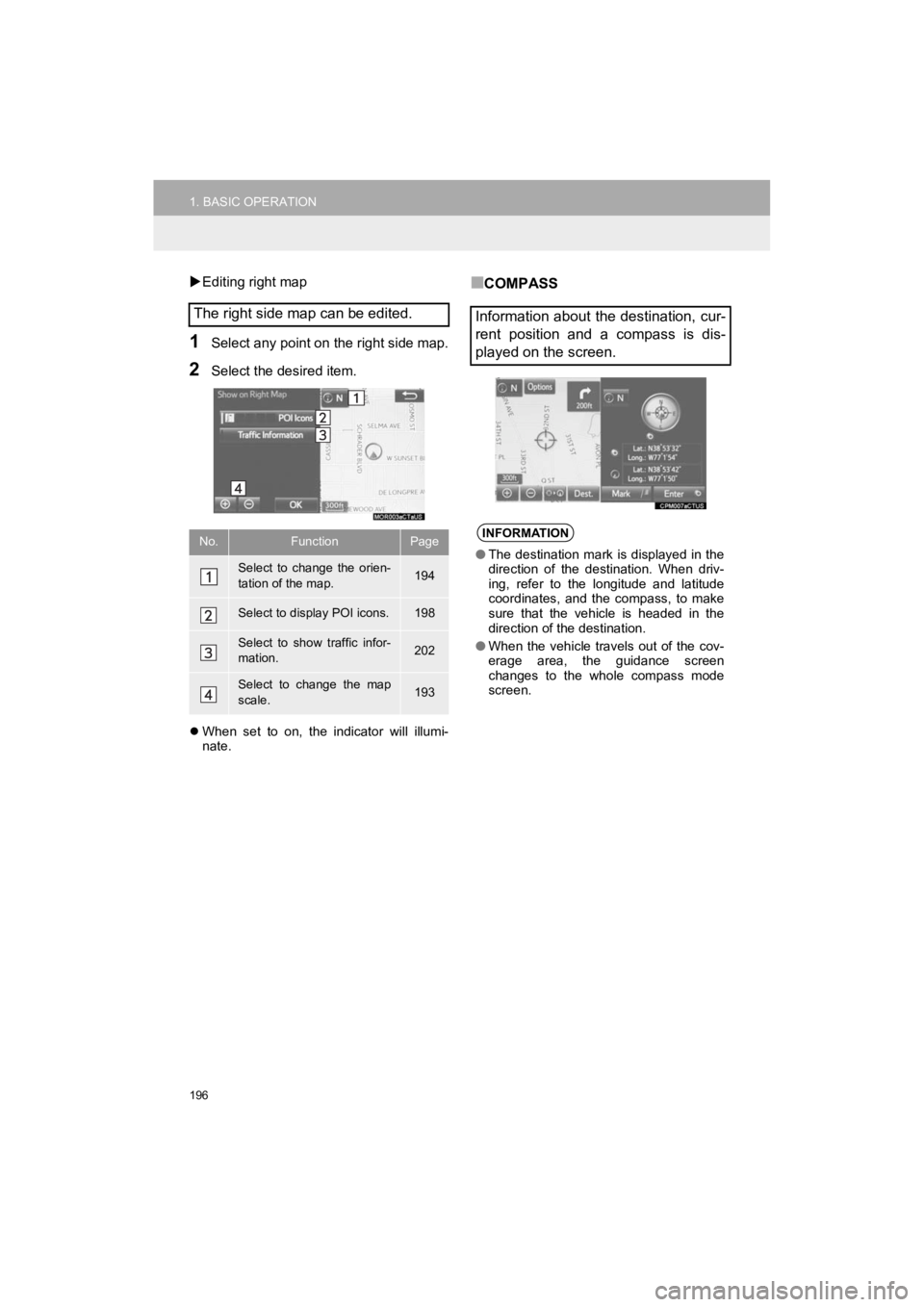 TOYOTA PRIUS C 2019 Accessories, Audio & Navigation (in English) 196
1. BASIC OPERATION
Prius_C_Navi_U
Editing right map
1Select any point on the right side map.
2Select the desired item.
When set to on, the indicator will illumi-
nate.
■COMPASS
Th TOYOTA PRIUS C 2019 Accessories, Audio & Navigation (in English) 196
1. BASIC OPERATION
Prius_C_Navi_U
Editing right map
1Select any point on the right side map.
2Select the desired item.
When set to on, the indicator will illumi-
nate.
■COMPASS
Th