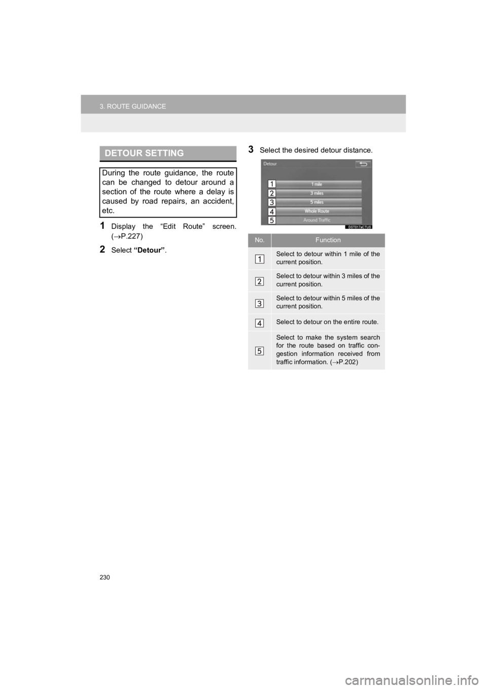TOYOTA PRIUS C 2019 Accessories, Audio & Navigation (in English) 230
3. ROUTE GUIDANCE
Prius_C_Navi_U
1Display the “Edit Route” screen.
(P.227)
2Select “Detour” .
3Select the desired detour distance.DETOUR SETTING
During the route guidance, the TOYOTA PRIUS C 2019 Accessories, Audio & Navigation (in English) 230
3. ROUTE GUIDANCE
Prius_C_Navi_U
1Display the “Edit Route” screen.
(P.227)
2Select “Detour” .
3Select the desired detour distance.DETOUR SETTING
During the route guidance, the