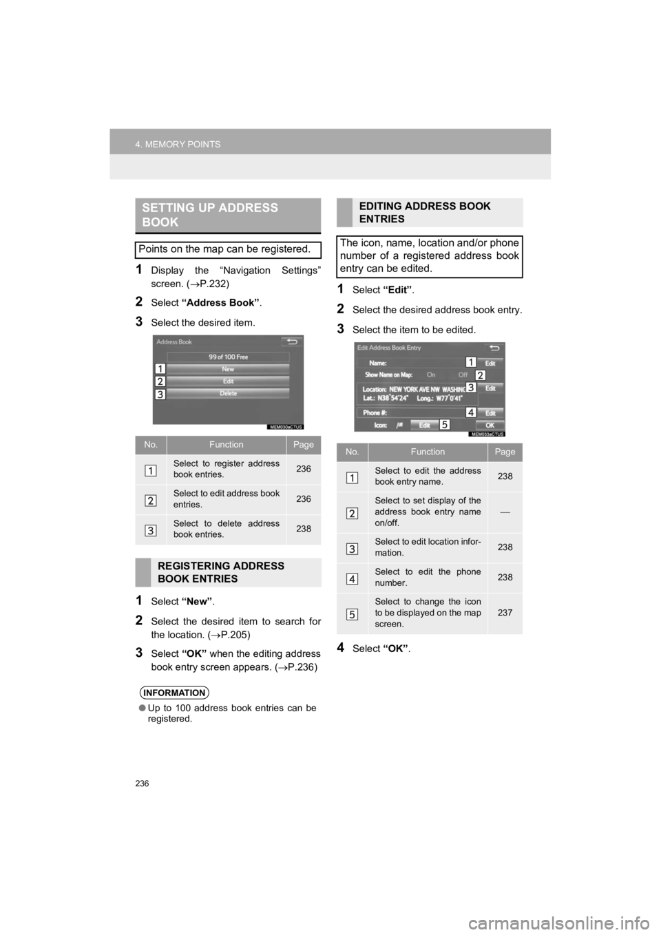 TOYOTA PRIUS C 2019 Accessories, Audio & Navigation (in English) 236
4. MEMORY POINTS
Prius_C_Navi_U
1Display the “Navigation Settings”
screen. (P.232)
2Select “Address Book” .
3Select the desired item.
1Select “New”.
2Select the desired item TOYOTA PRIUS C 2019 Accessories, Audio & Navigation (in English) 236
4. MEMORY POINTS
Prius_C_Navi_U
1Display the “Navigation Settings”
screen. (P.232)
2Select “Address Book” .
3Select the desired item.
1Select “New”.
2Select the desired item