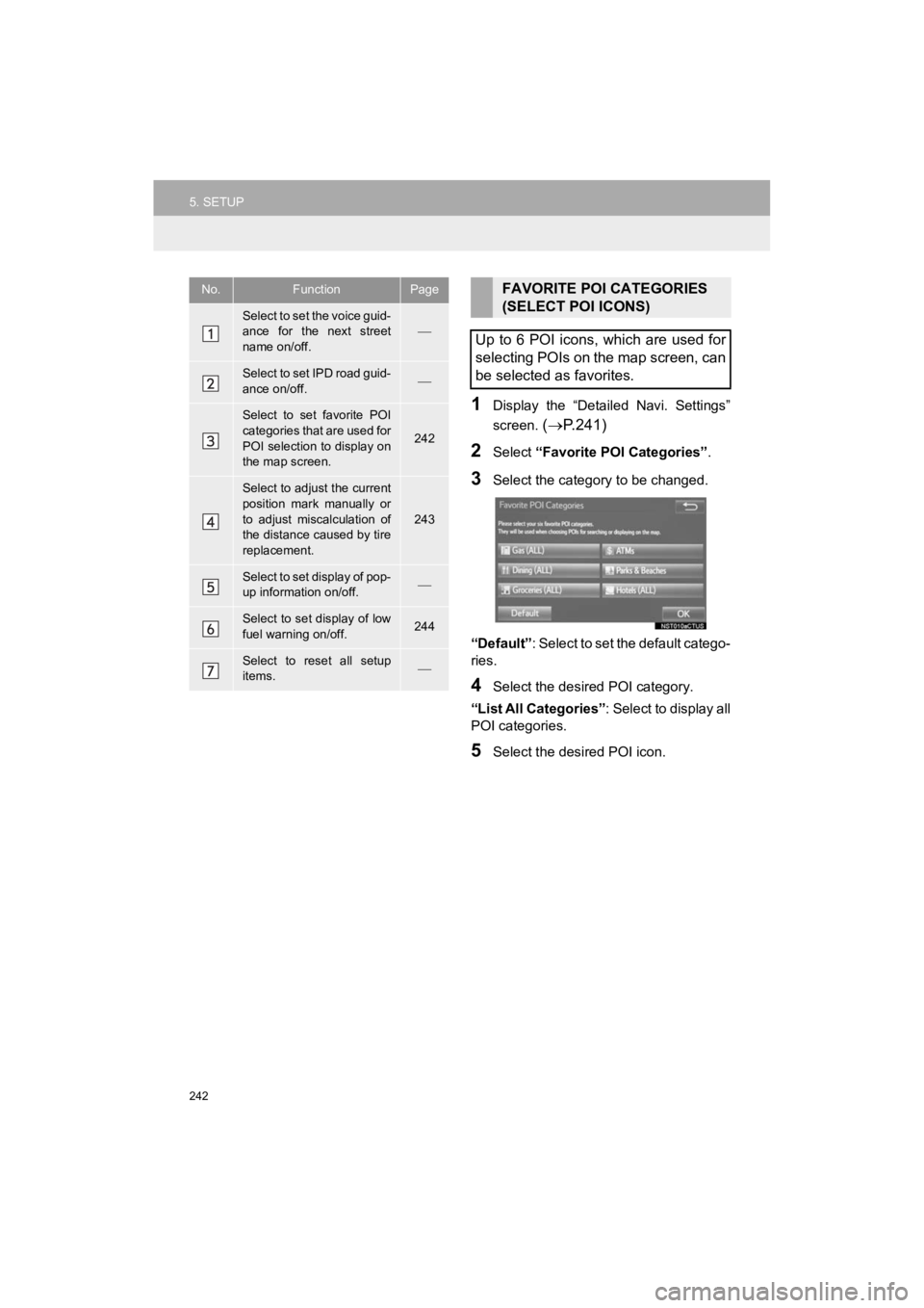 TOYOTA PRIUS C 2019 Accessories, Audio & Navigation (in English) 242
5. SETUP
Prius_C_Navi_U
1Display the “Detailed Navi. Settings”
screen.
( P.241)
2Select “Favorite POI Categories” .
3Select the category to be changed.
“Default”: Select to se TOYOTA PRIUS C 2019 Accessories, Audio & Navigation (in English) 242
5. SETUP
Prius_C_Navi_U
1Display the “Detailed Navi. Settings”
screen.
( P.241)
2Select “Favorite POI Categories” .
3Select the category to be changed.
“Default”: Select to se
