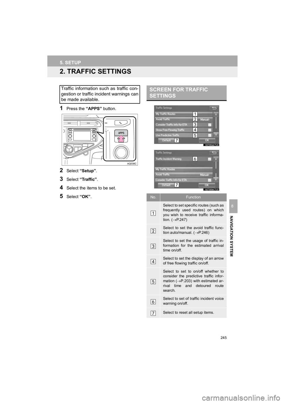 TOYOTA PRIUS C 2019 Accessories, Audio & Navigation (in English) 245
5. SETUP
Prius_C_Navi_U
NAVIGATION SYSTEM
8
2. TRAFFIC SETTINGS
1Press the “APPS” button.
2Select “Setup” .
3Select “Traffic” .
4Select the items to be set.
5Select “OK”.
Traffic TOYOTA PRIUS C 2019 Accessories, Audio & Navigation (in English) 245
5. SETUP
Prius_C_Navi_U
NAVIGATION SYSTEM
8
2. TRAFFIC SETTINGS
1Press the “APPS” button.
2Select “Setup” .
3Select “Traffic” .
4Select the items to be set.
5Select “OK”.
Traffic