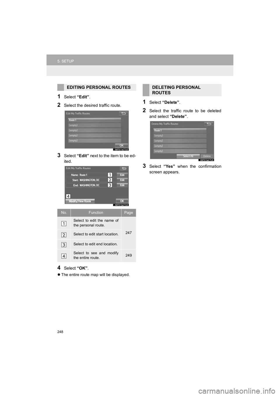 TOYOTA PRIUS C 2019 Accessories, Audio & Navigation (in English) 248
5. SETUP
Prius_C_Navi_U
1Select “Edit”.
2Select the desired traffic route.
3Select “Edit” next to the item to be ed-
ited.
4Select “OK”.
The entire route map will be displayed.
1S TOYOTA PRIUS C 2019 Accessories, Audio & Navigation (in English) 248
5. SETUP
Prius_C_Navi_U
1Select “Edit”.
2Select the desired traffic route.
3Select “Edit” next to the item to be ed-
ited.
4Select “OK”.
The entire route map will be displayed.
1S