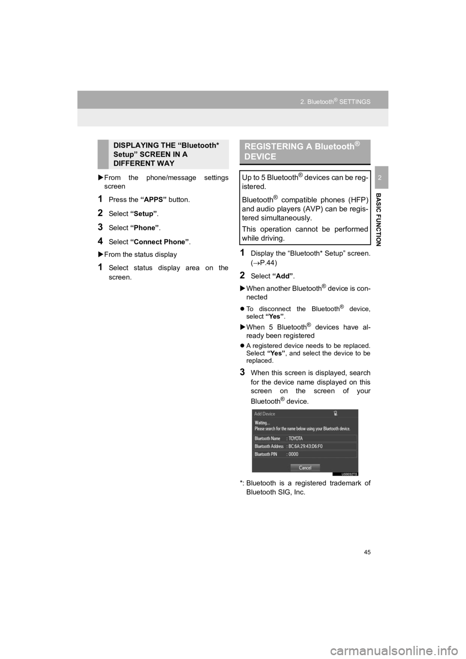 TOYOTA PRIUS C 2019 Accessories, Audio & Navigation (in English) 45
2. Bluetooth® SETTINGS
Prius_C_Navi_U
BASIC FUNCTION
2From the phone/message settings
screen
1Press the “APPS” button.
2Select “Setup” .
3Select “Phone” .
4Select “Connect Pho TOYOTA PRIUS C 2019 Accessories, Audio & Navigation (in English) 45
2. Bluetooth® SETTINGS
Prius_C_Navi_U
BASIC FUNCTION
2From the phone/message settings
screen
1Press the “APPS” button.
2Select “Setup” .
3Select “Phone” .
4Select “Connect Pho