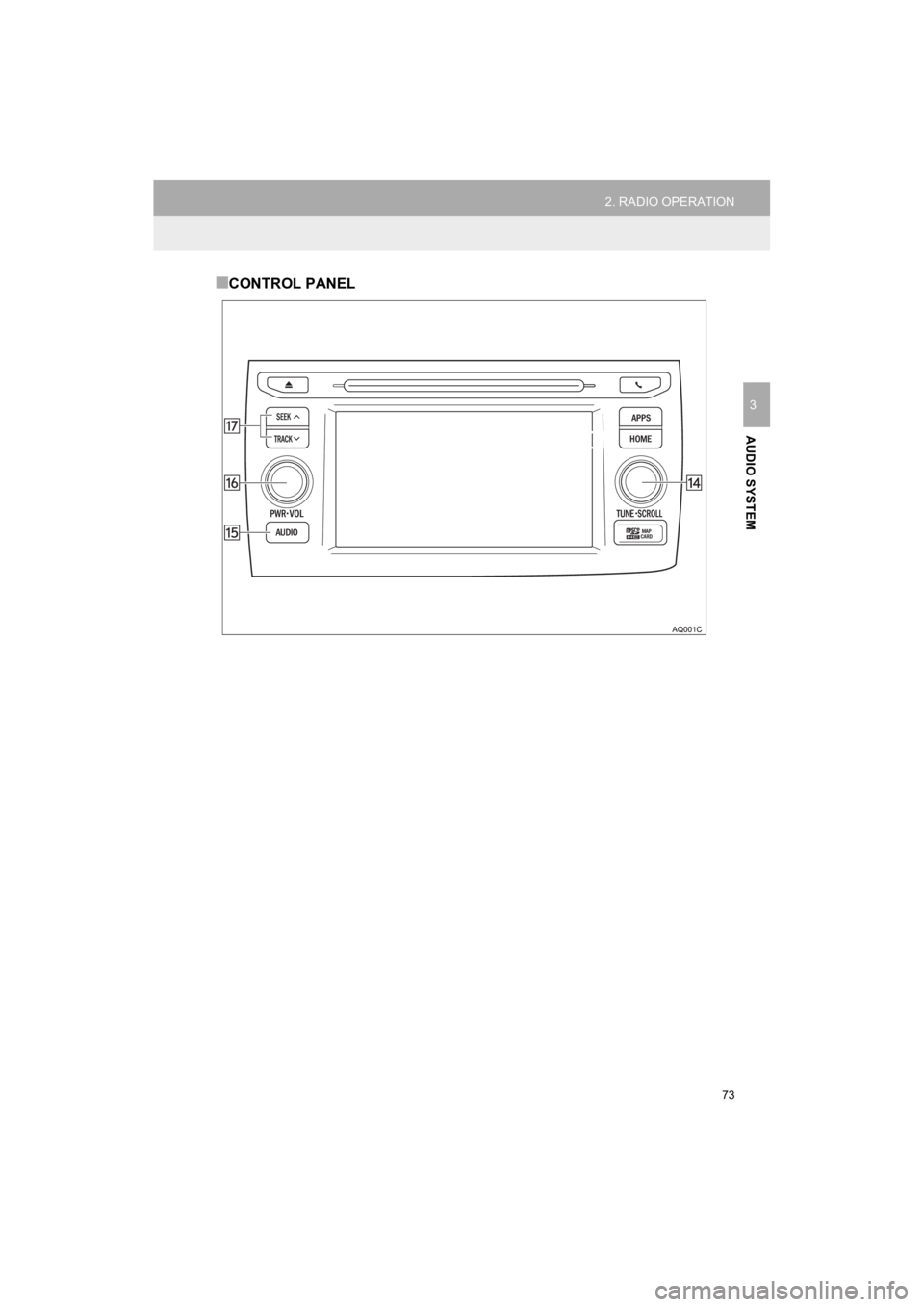 TOYOTA PRIUS C 2019  Accessories, Audio & Navigation (in English) 73
2. RADIO OPERATION
Prius_C_Navi_U
AUDIO SYSTEM
3
■CONTROL PANEL 