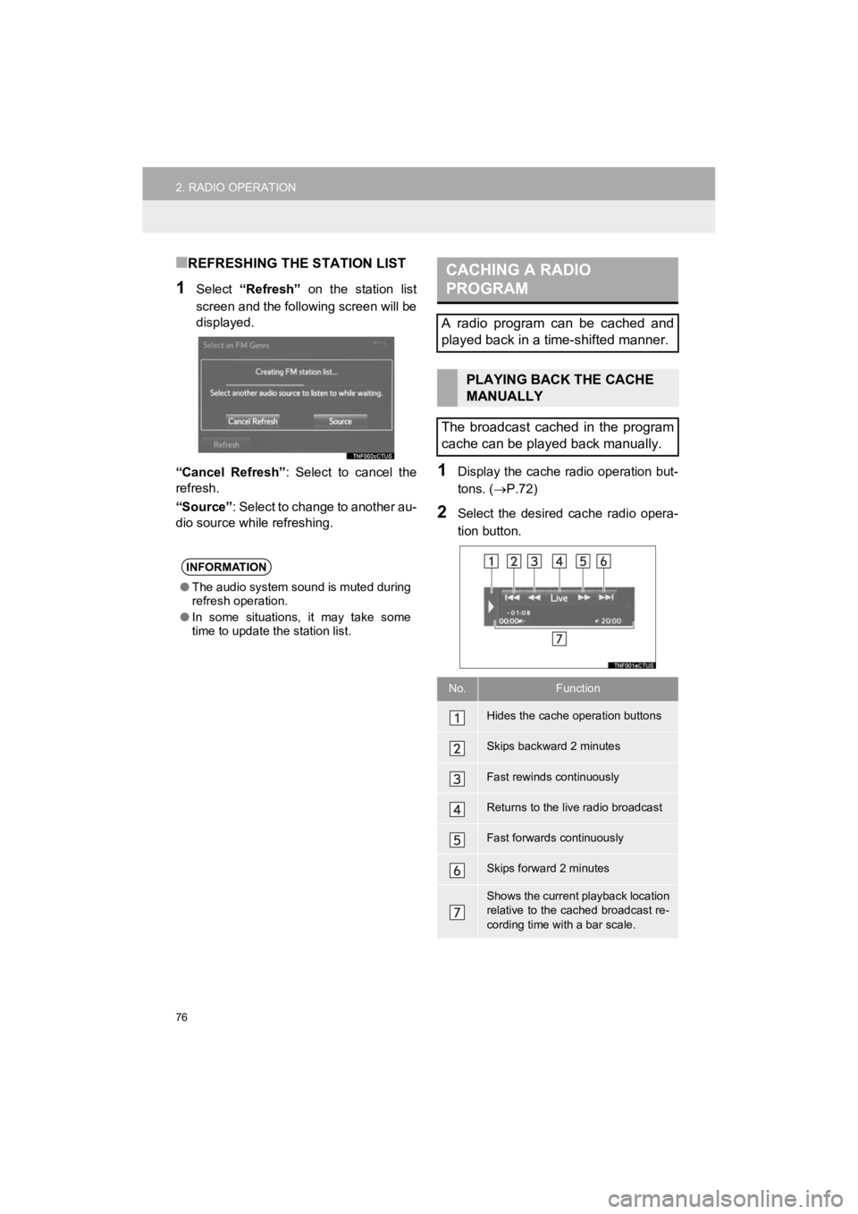 TOYOTA PRIUS C 2019 Accessories, Audio & Navigation (in English) 76
2. RADIO OPERATION
Prius_C_Navi_U
■REFRESHING THE STATION LIST
1Select “Refresh” on the station list
screen and the following screen will be
displayed.
“Cancel Refresh” : Select t TOYOTA PRIUS C 2019 Accessories, Audio & Navigation (in English) 76
2. RADIO OPERATION
Prius_C_Navi_U
■REFRESHING THE STATION LIST
1Select “Refresh” on the station list
screen and the following screen will be
displayed.
“Cancel Refresh” : Select t
