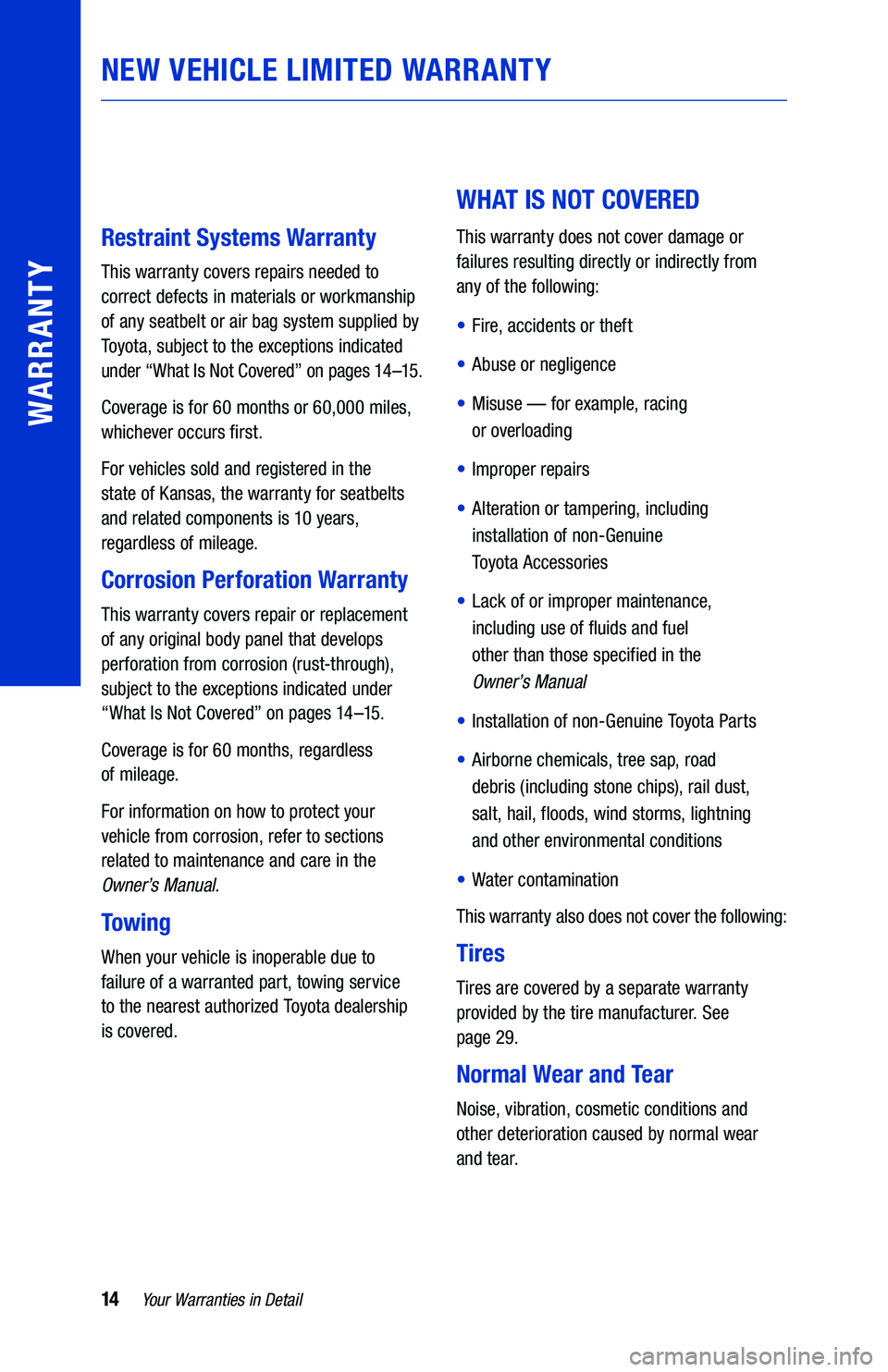TOYOTA PRIUS C 2019  Warranties & Maintenance Guides (in English) 14Your Warranties in Detail
WARRANTY
Restraint Systems Warranty
This warranty covers repairs needed to 
correct defects in materials or workmanship 
of any seatbelt or air bag system supplied by 
Toyo
