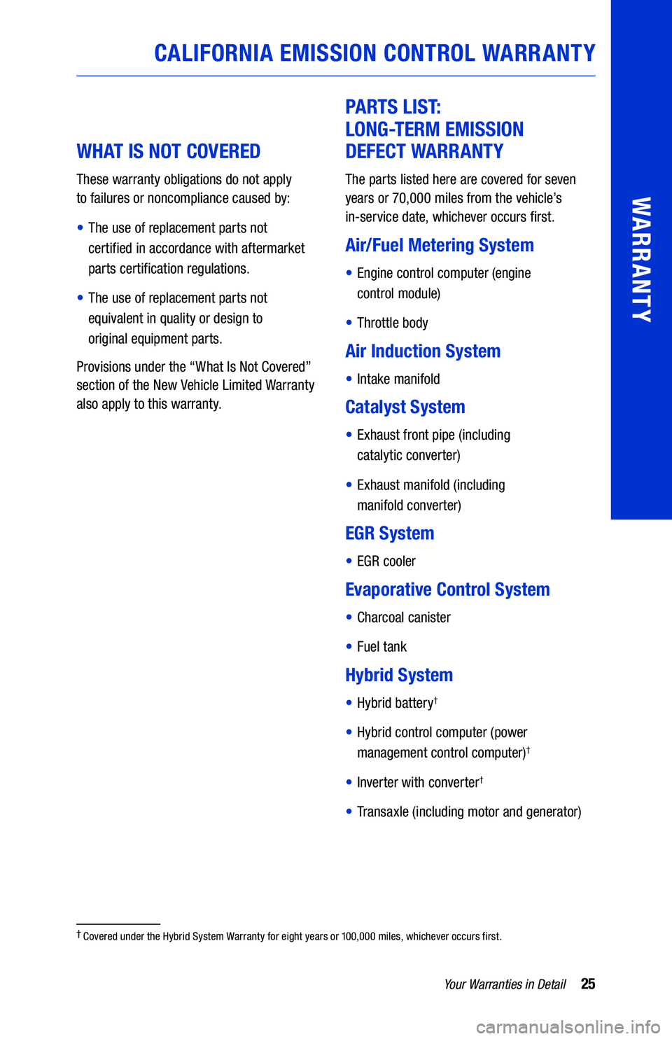 TOYOTA PRIUS C 2019  Warranties & Maintenance Guides (in English) 25Your Warranties in Detail
WARRANTY
CALIFORNIA EMISSION CONTROL WARRANTY
WHAT IS NOT COVERED 
These warranty obligations do not apply  
to failures or noncompliance caused by:
• The use of replacem