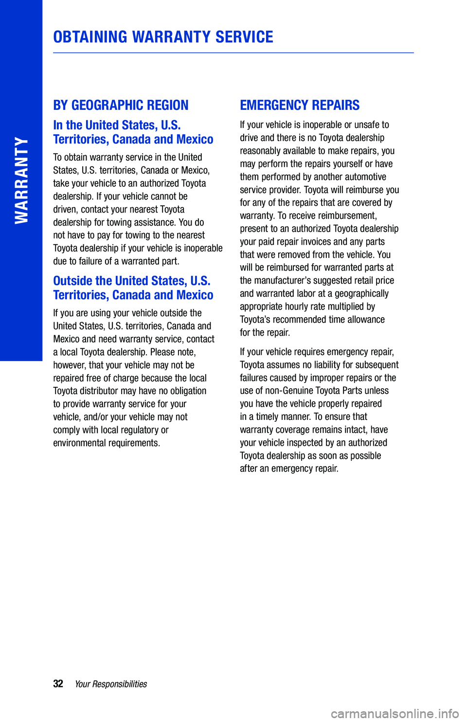 TOYOTA PRIUS C 2019 Warranties & Maintenance Guides (in English) 32Your Responsibilities
WARRANTY
BY GEOGRAPHIC REGION
In the United States, U.S.
Territories, Canada and Mexico
To obtain warranty service in the United
States, U.S. territories, Canada or Mexico, TOYOTA PRIUS C 2019 Warranties & Maintenance Guides (in English) 32Your Responsibilities
WARRANTY
BY GEOGRAPHIC REGION
In the United States, U.S.
Territories, Canada and Mexico
To obtain warranty service in the United
States, U.S. territories, Canada or Mexico,