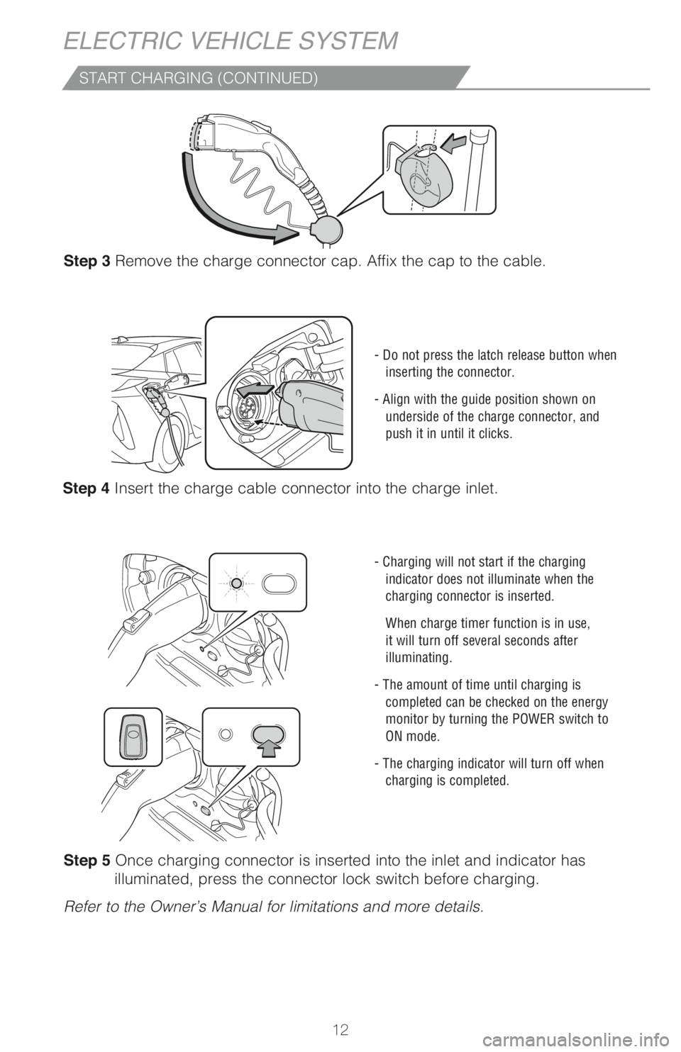TOYOTA PRIUS PRIME 2018 Owners Manual (in English) 12 Step 4 Insert the charge cable connector into the charge inlet.
- Do not press the latch release button when
inserting the connector.
- Align with the guide position shown on
underside of the cha TOYOTA PRIUS PRIME 2018 Owners Manual (in English) 12 Step 4 Insert the charge cable connector into the charge inlet.
- Do not press the latch release button when
inserting the connector.
- Align with the guide position shown on
underside of the cha