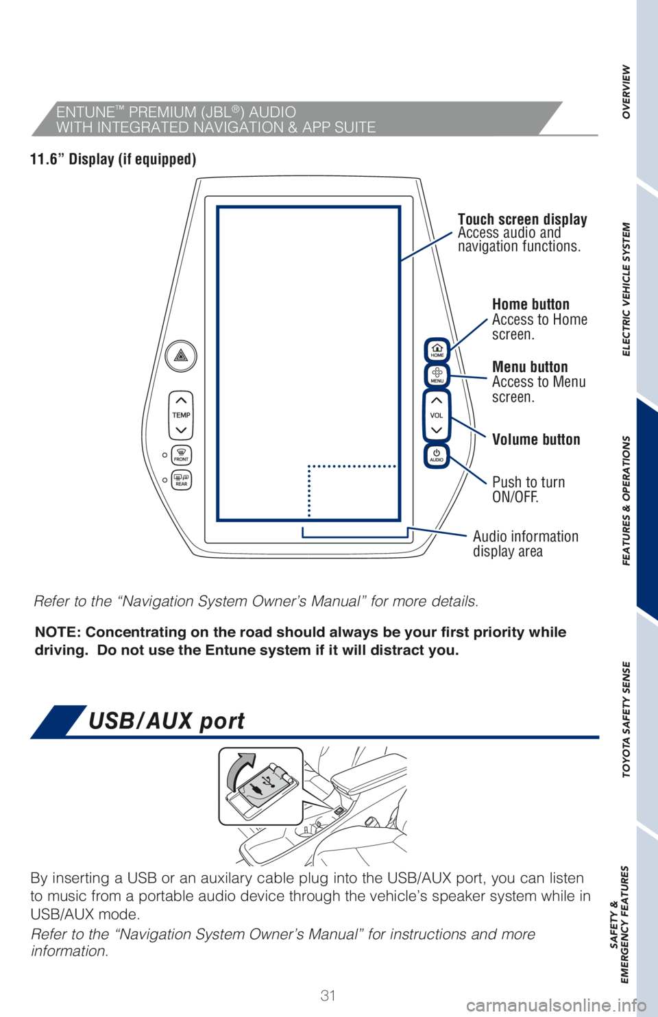 TOYOTA PRIUS PRIME 2018 (in English) Owners Guide 31Home button
Access to Home
screen.
Menu button
Access to Menu
screen.
Volume button
Push to turn
ON/OFF.
Audio information
display area Touch screen display
Access audio and
navigation functions. TOYOTA PRIUS PRIME 2018 (in English) Owners Guide 31Home button
Access to Home
screen.
Menu button
Access to Menu
screen.
Volume button
Push to turn
ON/OFF.
Audio information
display area Touch screen display
Access audio and
navigation functions.