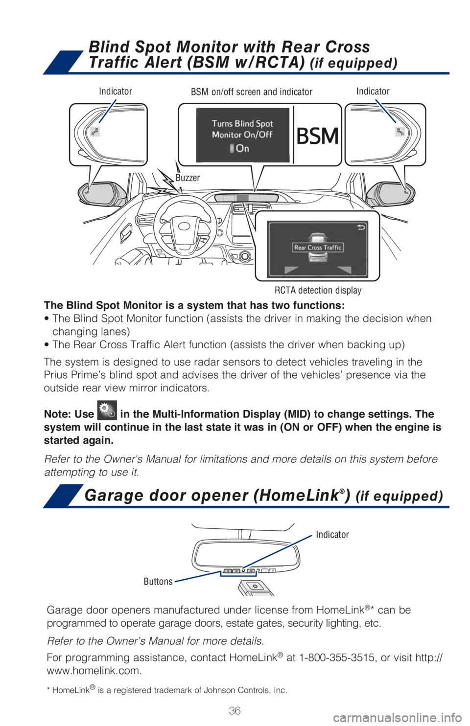 TOYOTA PRIUS PRIME 2018 (in English) Owners Guide 36
Blind Spot Monitor with Rear Cross
Traffic Alert (BSM w/RCTA)
(if equipped)
Garage door opener (HomeLink®) (if equipped)
Garage door openers manufactured under license from HomeLink®* can be
p TOYOTA PRIUS PRIME 2018 (in English) Owners Guide 36
Blind Spot Monitor with Rear Cross
Traffic Alert (BSM w/RCTA)
(if equipped)
Garage door opener (HomeLink®) (if equipped)
Garage door openers manufactured under license from HomeLink®* can be
p