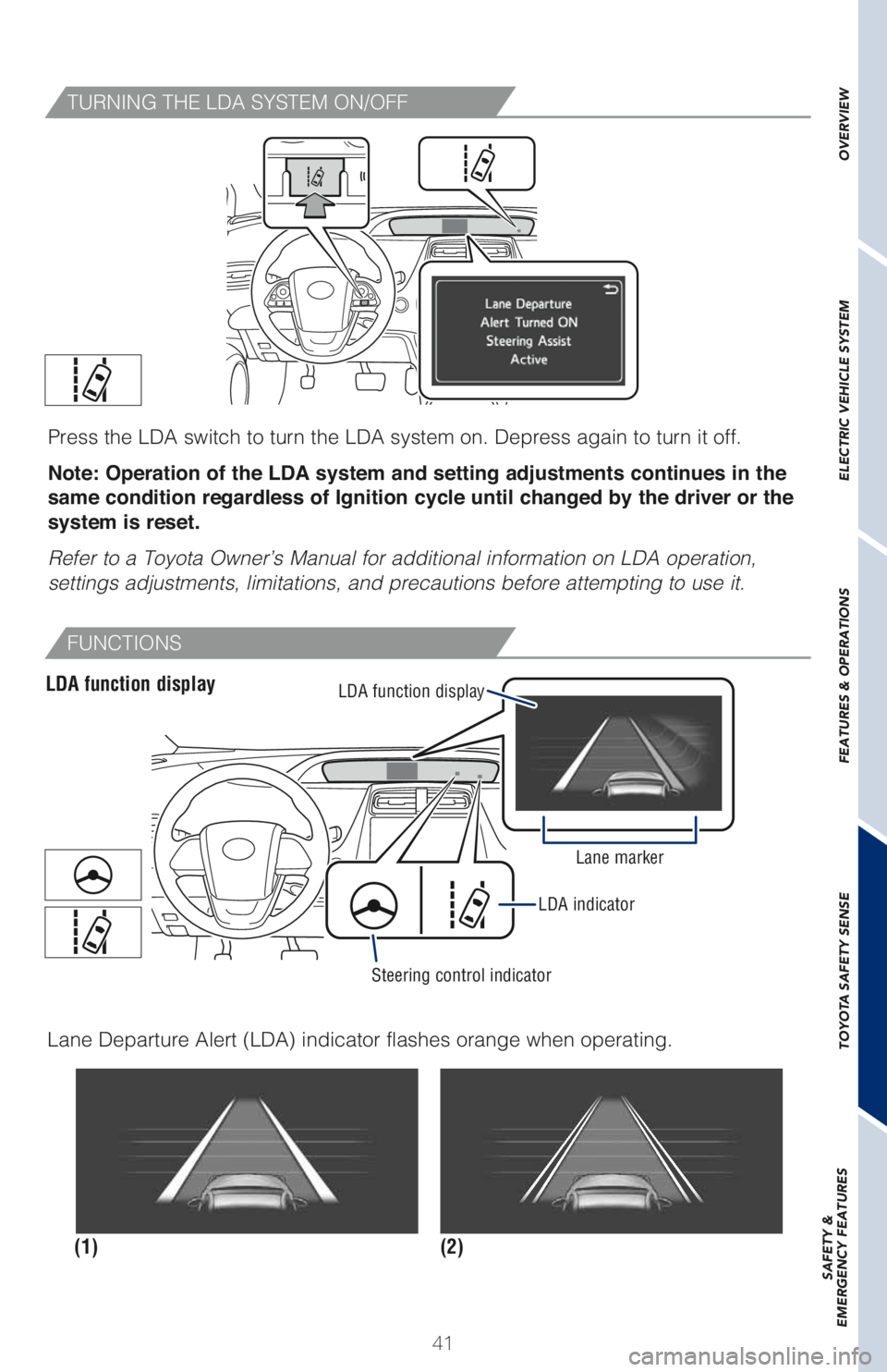 TOYOTA PRIUS PRIME 2018 (in English) Service Manual 41
TURNING THE LDA SYSTEM ON/OFF
Press the LDA switch to turn the LDA system on. Depress again to turn it off.
Note: Operation of the LDA system and setting adjustments continues in the
same conditio TOYOTA PRIUS PRIME 2018 (in English) Service Manual 41
TURNING THE LDA SYSTEM ON/OFF
Press the LDA switch to turn the LDA system on. Depress again to turn it off.
Note: Operation of the LDA system and setting adjustments continues in the
same conditio