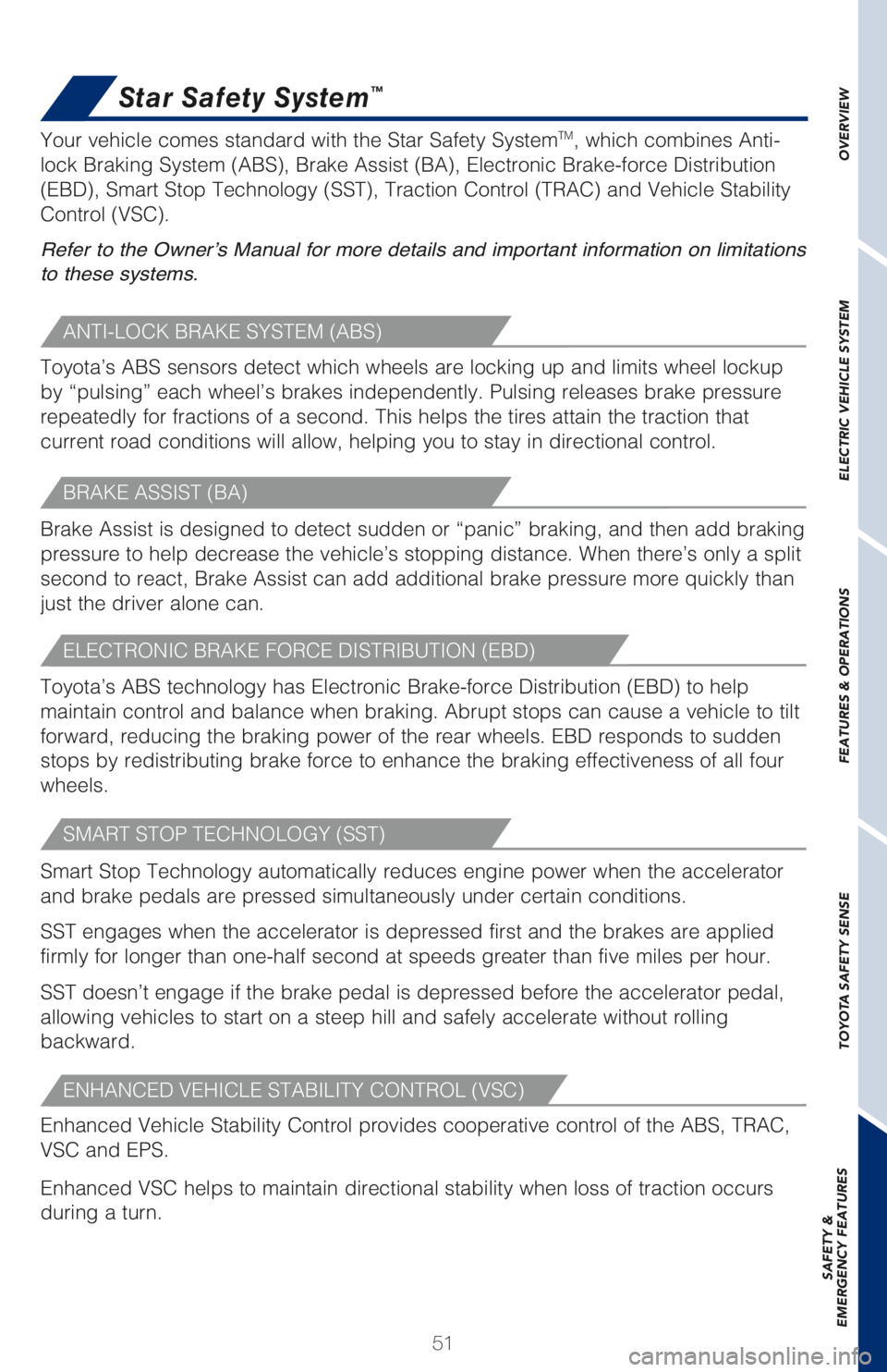 TOYOTA PRIUS PRIME 2018 (in English) Workshop Manual 51
Star Safety System™
ANTI-LOCK BRAKE SYSTEM (ABS)
Toyota’s ABS sensors detect which wheels are locking up and limits wheel lockup
by “pulsing” each wheel’s brakes independently. Pulsing r TOYOTA PRIUS PRIME 2018 (in English) Workshop Manual 51
Star Safety System™
ANTI-LOCK BRAKE SYSTEM (ABS)
Toyota’s ABS sensors detect which wheels are locking up and limits wheel lockup
by “pulsing” each wheel’s brakes independently. Pulsing r