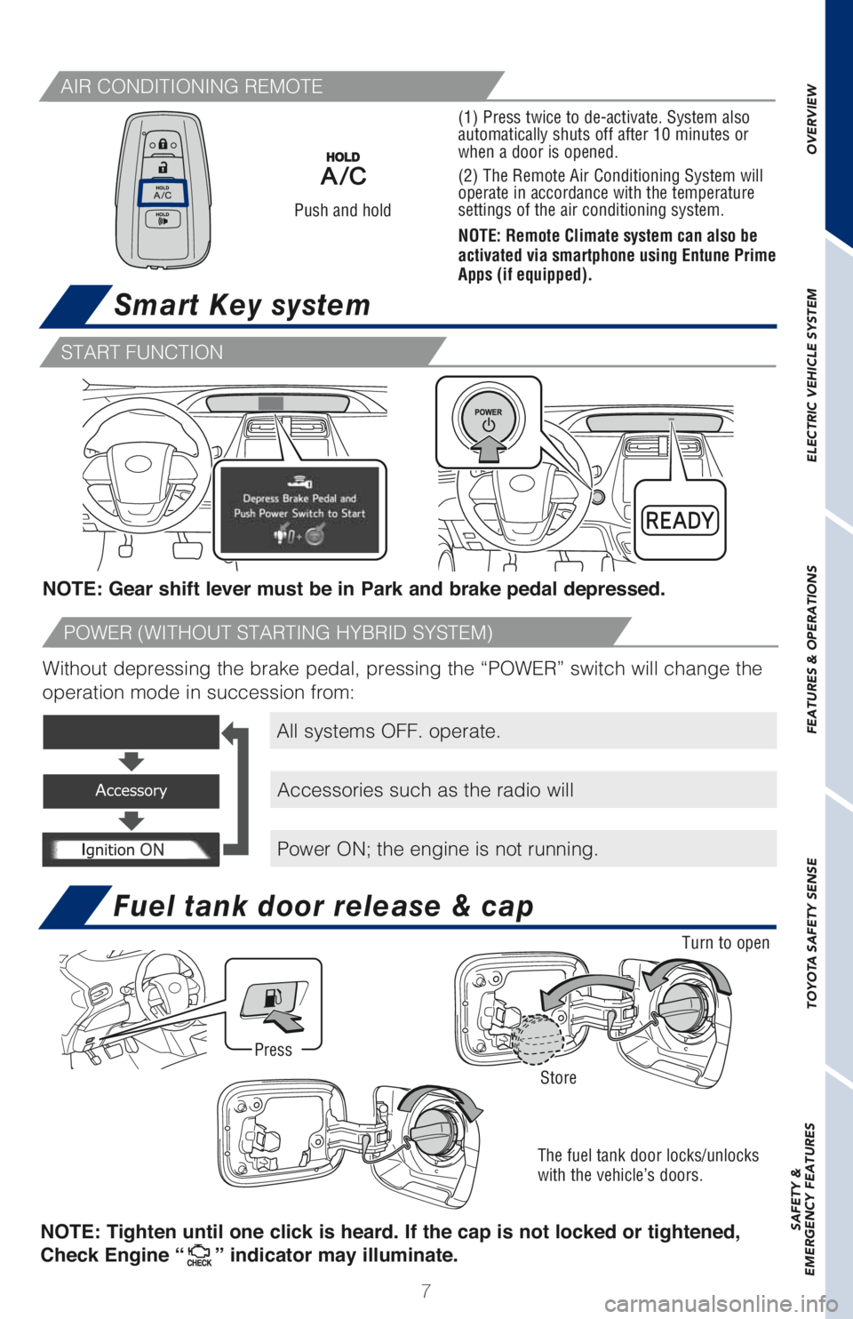 TOYOTA PRIUS PRIME 2018 Owners Manual (in English) 7
Smart Key system
All systems OFF. operate.
Accessories such as the radio will
Power ON; the engine is not running. NOTE: Gear shift lever must be in Park and brake pedal depressed.
Without depressi TOYOTA PRIUS PRIME 2018 Owners Manual (in English) 7
Smart Key system
All systems OFF. operate.
Accessories such as the radio will
Power ON; the engine is not running. NOTE: Gear shift lever must be in Park and brake pedal depressed.
Without depressi
