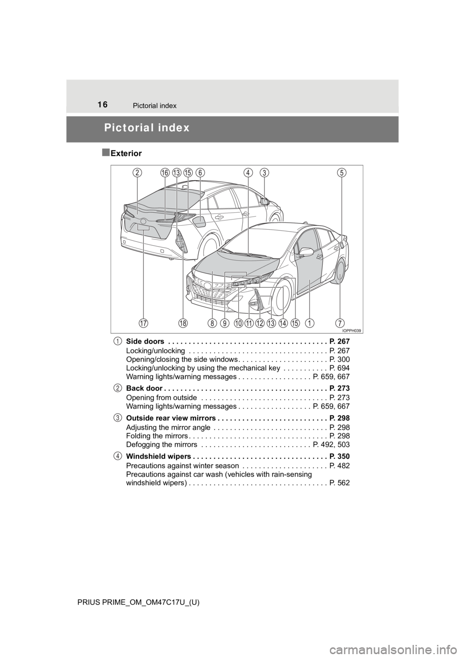 TOYOTA PRIUS PRIME 2018  Owners Manual (in English) 16Pictorial index
PRIUS PRIME_OM_OM47C17U_(U)
Pictorial index
■
Exterior
Side doors  . . . . . . . . . . . . . . . . . . . . . . . . . . . . . . . . . . . . . . .  P. 267
Locking/unlocking  . . . . 