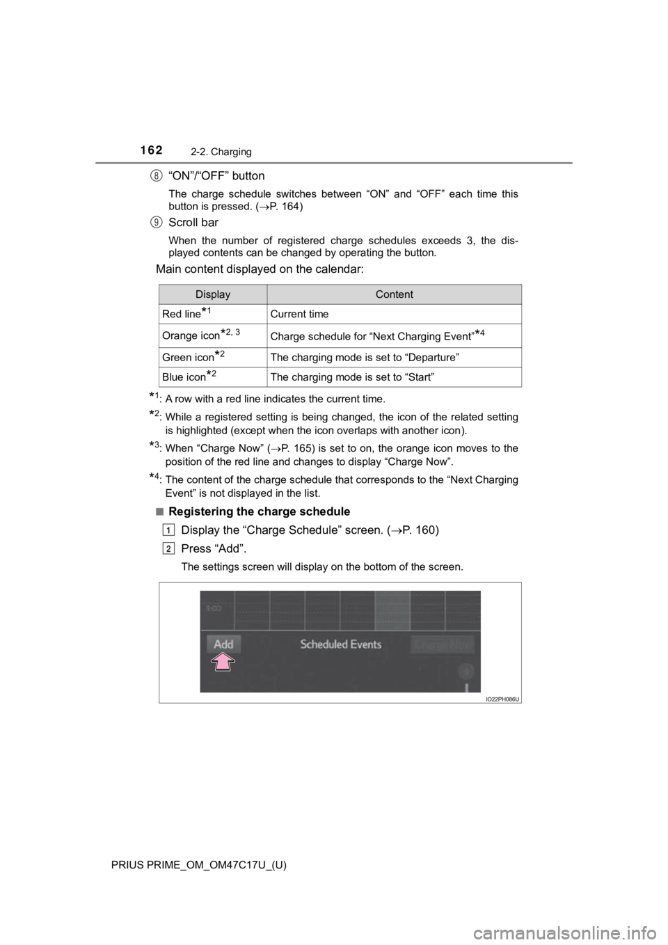 TOYOTA PRIUS PRIME 2018 Owners Manual (in English) 162
PRIUS PRIME_OM_OM47C17U_(U)
2-2. Charging
“ON”/“OFF” button
The charge schedule switches between “ON” and “OFF” each time this
button is pressed. (P. 164)
Scroll bar
W TOYOTA PRIUS PRIME 2018 Owners Manual (in English) 162
PRIUS PRIME_OM_OM47C17U_(U)
2-2. Charging
“ON”/“OFF” button
The charge schedule switches between “ON” and “OFF” each time this
button is pressed. (P. 164)
Scroll bar
W