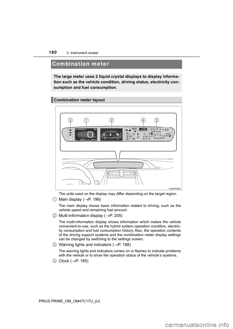 TOYOTA PRIUS PRIME 2018 Owners Manual (in English) 180
PRIUS PRIME_OM_OM47C17U_(U)
3. Instrument cluster
Combination meter
The units used on the display may differ depending on the target region.
Main display (P. 196)
The main display shows bas TOYOTA PRIUS PRIME 2018 Owners Manual (in English) 180
PRIUS PRIME_OM_OM47C17U_(U)
3. Instrument cluster
Combination meter
The units used on the display may differ depending on the target region.
Main display (P. 196)
The main display shows bas