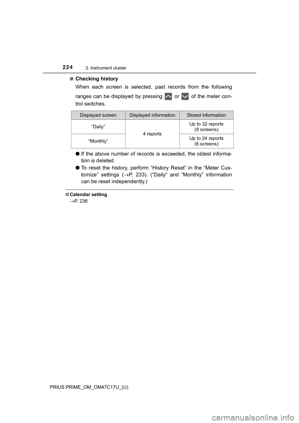 TOYOTA PRIUS PRIME 2018 Owners Manual (in English) 224
PRIUS PRIME_OM_OM47C17U_(U)
3. Instrument cluster
■Checking history
When each screen is selected, past records from the following
ranges can be displayed by pressing or of t TOYOTA PRIUS PRIME 2018 Owners Manual (in English) 224
PRIUS PRIME_OM_OM47C17U_(U)
3. Instrument cluster
■Checking history
When each screen is selected, past records from the following
ranges can be displayed by pressing or of t