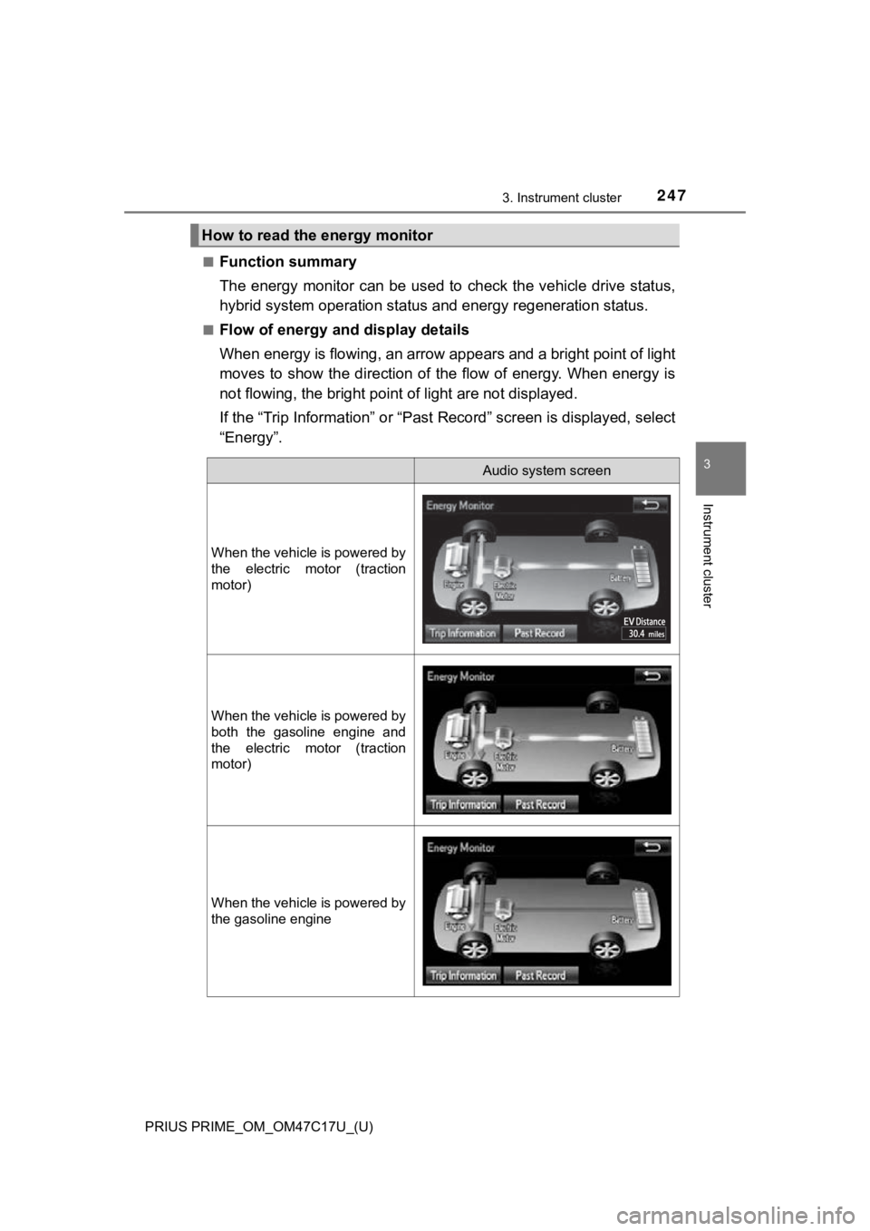 TOYOTA PRIUS PRIME 2018 Owners Manual (in English) PRIUS PRIME_OM_OM47C17U_(U)
2473. Instrument cluster
3
Instrument cluster
■Function summary
The energy monitor can be used to check the vehicle drive status,
hybrid system operation status a TOYOTA PRIUS PRIME 2018 Owners Manual (in English) PRIUS PRIME_OM_OM47C17U_(U)
2473. Instrument cluster
3
Instrument cluster
■Function summary
The energy monitor can be used to check the vehicle drive status,
hybrid system operation status a