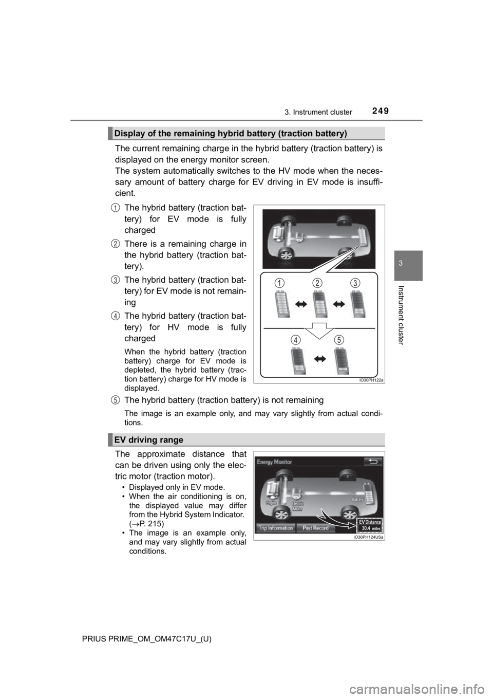 TOYOTA PRIUS PRIME 2018 Owners Manual (in English) PRIUS PRIME_OM_OM47C17U_(U)
2493. Instrument cluster
3
Instrument cluster
The current remaining charge in the hybrid battery (traction battery) is
displayed on the energy monitor screen.
The system TOYOTA PRIUS PRIME 2018 Owners Manual (in English) PRIUS PRIME_OM_OM47C17U_(U)
2493. Instrument cluster
3
Instrument cluster
The current remaining charge in the hybrid battery (traction battery) is
displayed on the energy monitor screen.
The system