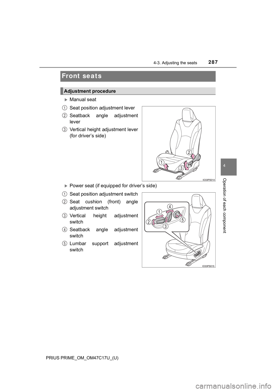 TOYOTA PRIUS PRIME 2018 Owners Manual (in English) 287
PRIUS PRIME_OM_OM47C17U_(U)
4-3. Adjusting the seats
4
Operation of each component
Front seats
Manual seat
Seat position adjustment lever
Seatback angle adjustment
lever
Vertical height adjus TOYOTA PRIUS PRIME 2018 Owners Manual (in English) 287
PRIUS PRIME_OM_OM47C17U_(U)
4-3. Adjusting the seats
4
Operation of each component
Front seats
Manual seat
Seat position adjustment lever
Seatback angle adjustment
lever
Vertical height adjus