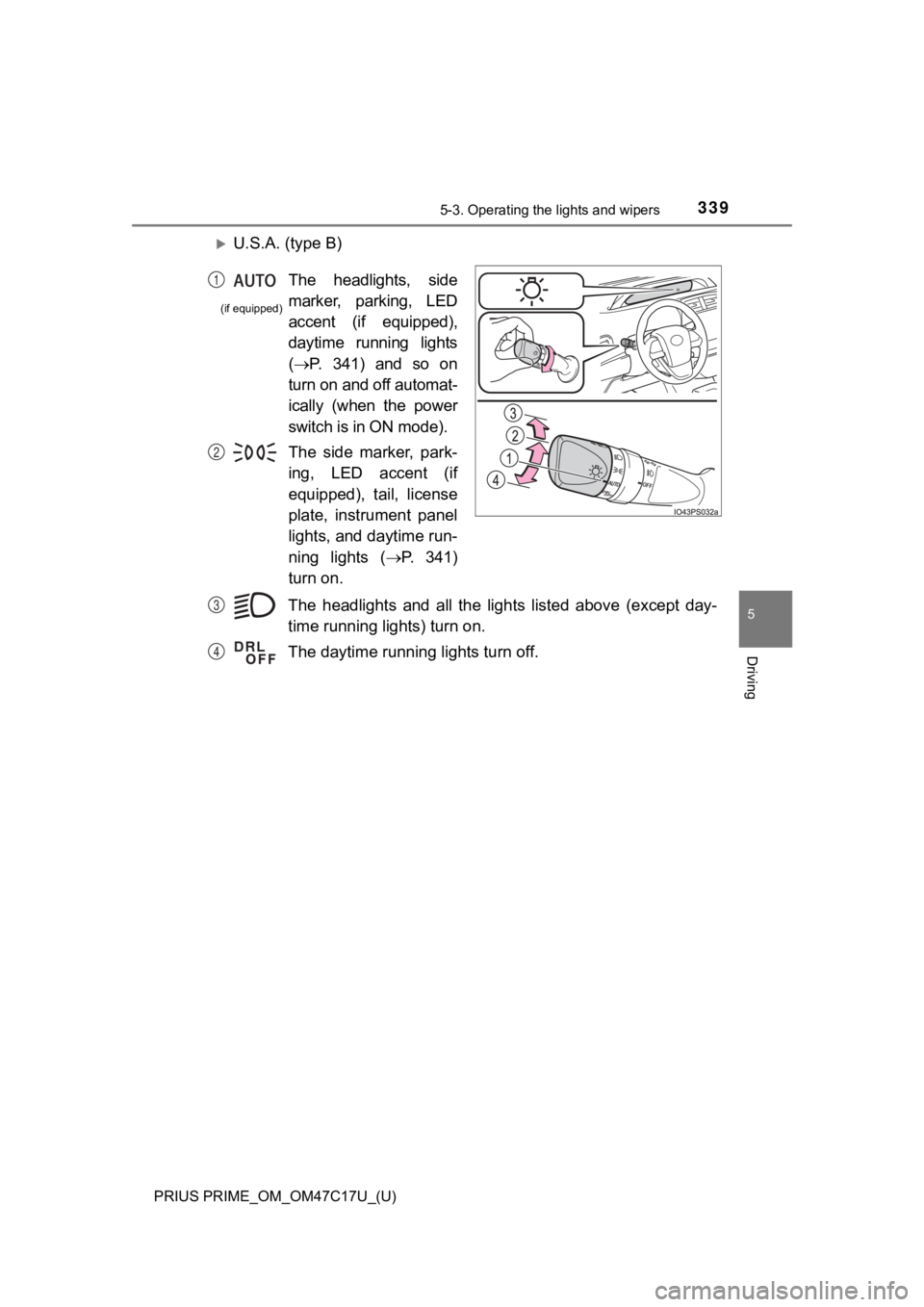 TOYOTA PRIUS PRIME 2018  Owners Manual (in English) PRIUS PRIME_OM_OM47C17U_(U)
3395-3. Operating the lights and wipers
5
Driving
U.S.A. (type B)The  headlights  and  all  the  lig hts  listed  above  (except  day-
time running lights) turn on.
The 