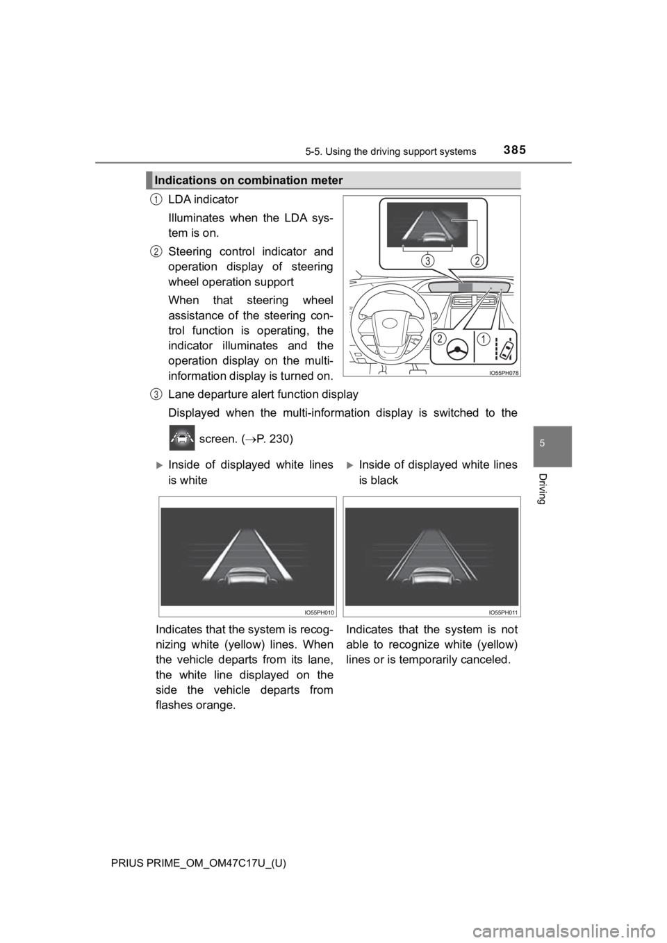 TOYOTA PRIUS PRIME 2018 Owners Manual (in English) PRIUS PRIME_OM_OM47C17U_(U)
3855-5. Using the driving support systems
5
Driving
LDA indicator
Illuminates when the LDA sys-
tem is on.
Steering control indicator and
operation display of ste TOYOTA PRIUS PRIME 2018 Owners Manual (in English) PRIUS PRIME_OM_OM47C17U_(U)
3855-5. Using the driving support systems
5
Driving
LDA indicator
Illuminates when the LDA sys-
tem is on.
Steering control indicator and
operation display of ste