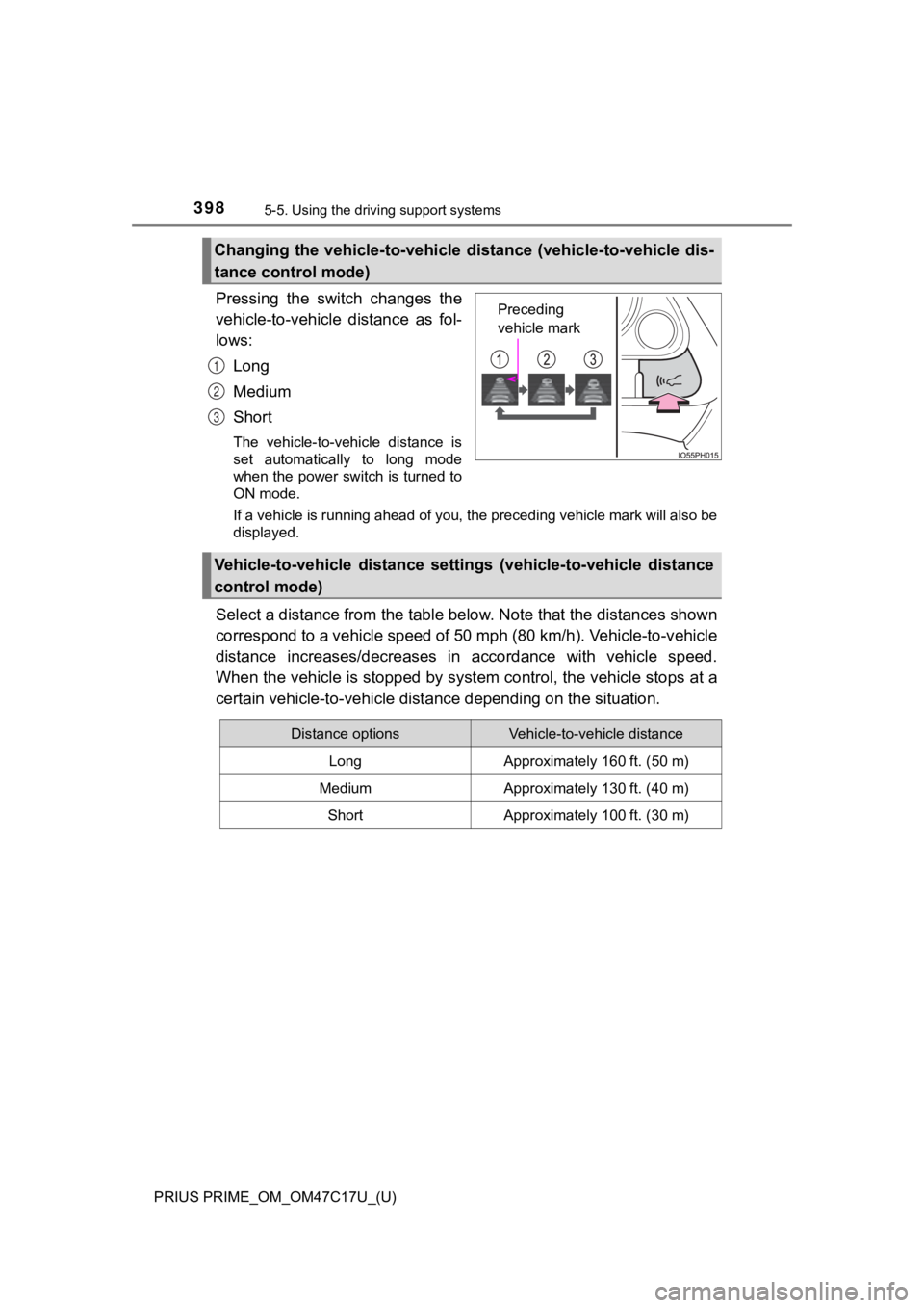 TOYOTA PRIUS PRIME 2018 Owners Manual (in English) 398
PRIUS PRIME_OM_OM47C17U_(U)
5-5. Using the driving support systems
Pressing the switch changes the
vehicle-to-vehicle distance as fol-
lows:
Long
Medium
Short
The vehicle-to-vehicle dista TOYOTA PRIUS PRIME 2018 Owners Manual (in English) 398
PRIUS PRIME_OM_OM47C17U_(U)
5-5. Using the driving support systems
Pressing the switch changes the
vehicle-to-vehicle distance as fol-
lows:
Long
Medium
Short
The vehicle-to-vehicle dista