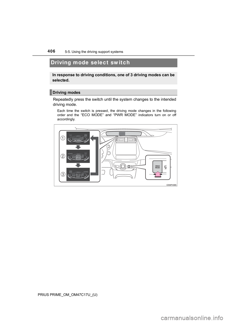 TOYOTA PRIUS PRIME 2018 Owners Manual (in English) 406
PRIUS PRIME_OM_OM47C17U_(U)
5-5. Using the driving support systems
Driving mode select switch
Repeatedly press the switch unt il the system changes to the intended
driving mode.
Each time the s TOYOTA PRIUS PRIME 2018 Owners Manual (in English) 406
PRIUS PRIME_OM_OM47C17U_(U)
5-5. Using the driving support systems
Driving mode select switch
Repeatedly press the switch unt il the system changes to the intended
driving mode.
Each time the s